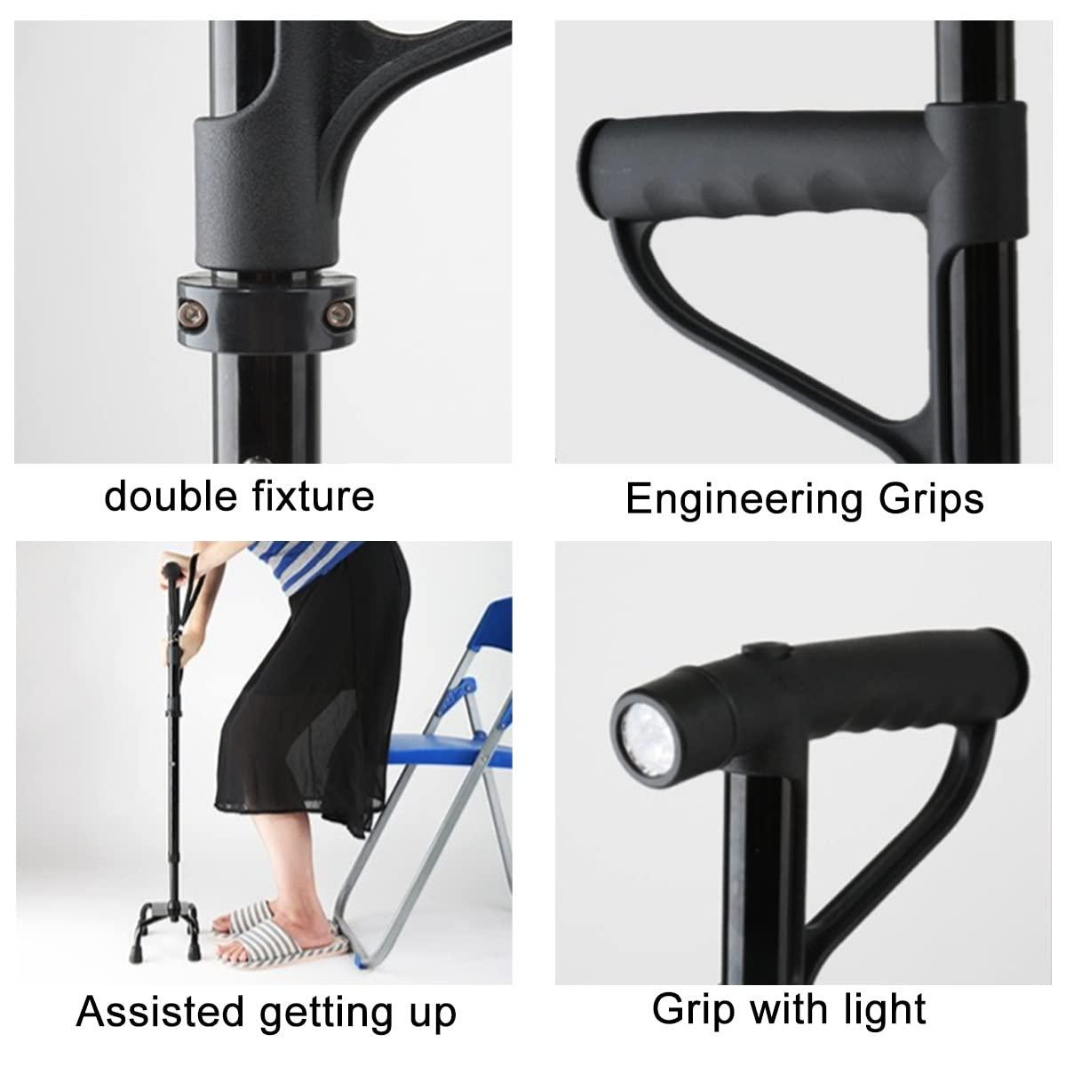 AMOCHO AMOCHO Adjustable Walking Cane with Light,with 4-Pronged feetAdjustable from 29-38 InchesWalking Sticks with Extra Stability Small Quad BaseWorks for Right or Left Handed Men or Women