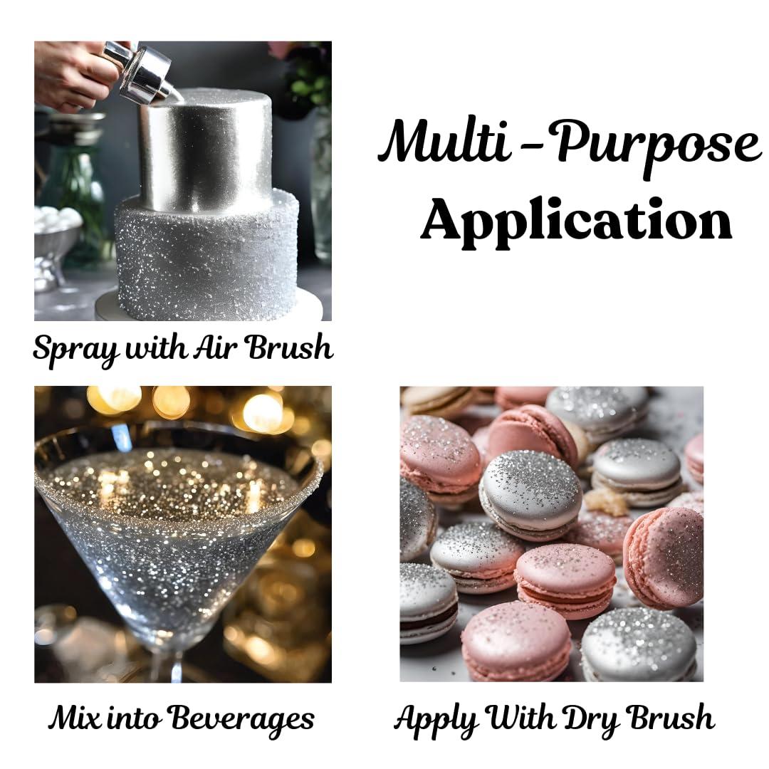 DAZZLE DUST (BULK10g) Silver Edible Glitter For Drinks, Silver Luster Dust Edible Glitter For Cakes, Silver Sprinkles For Cake Decorating, Edible Cake Decorations Drink Glitter 100% Food Safe, Vegan, Gluten Free