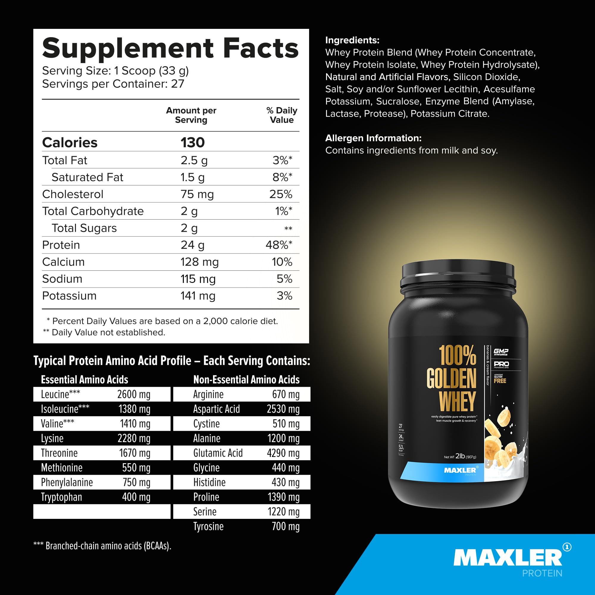Maxler Maxler 100% Golden Whey Protein - 24g of Protein per Serving - Premium Whey Protein Powder for Pre Post Workout - Fast-Absorbing Whey Concentrate, Isolate & Hydrolysate Blend - Bananas & Cream 2 lb