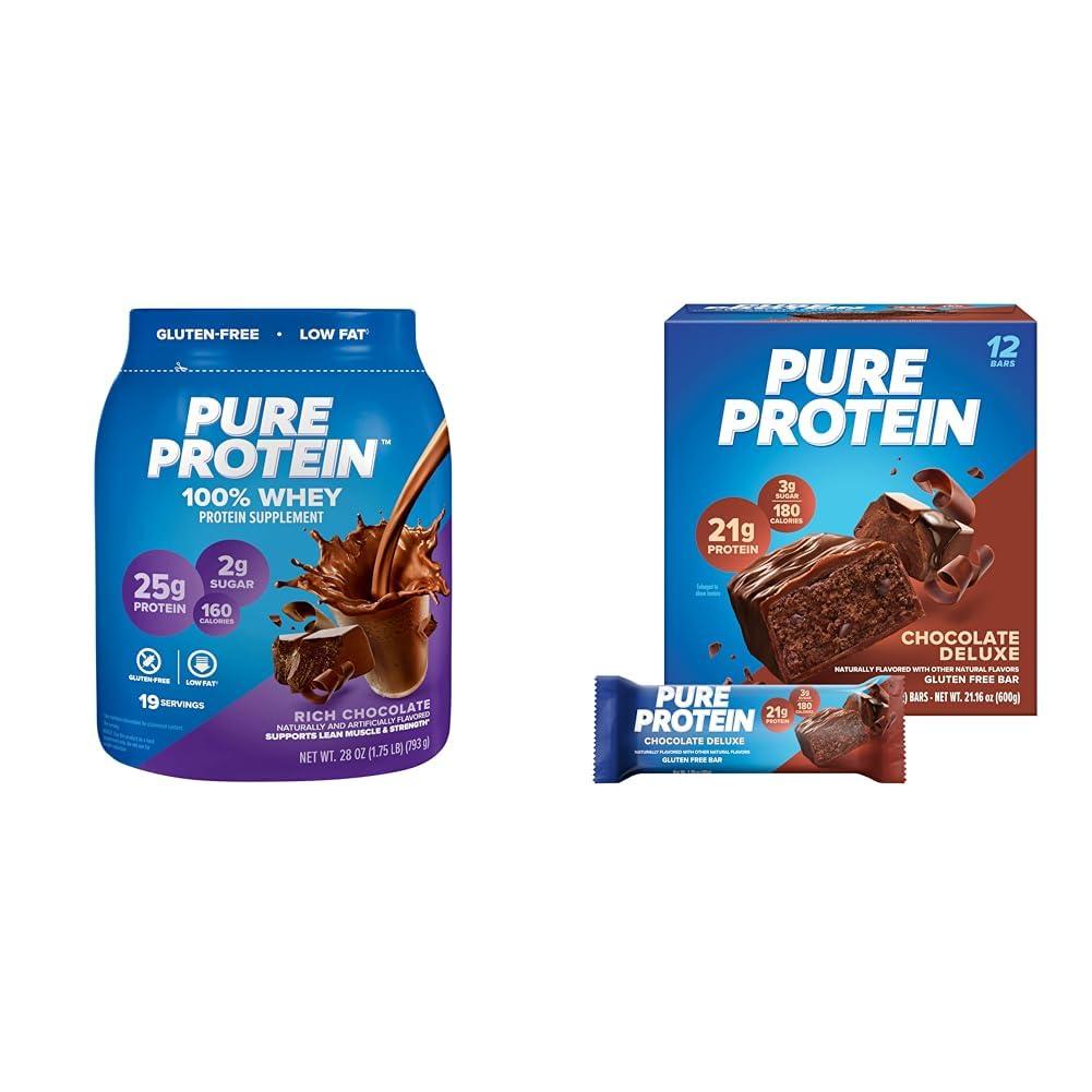 Pure Protein Pure Protein Chocolate Whey Protein Powder 1.75lb & Chocolate Deluxe Protein Bars 12 Count