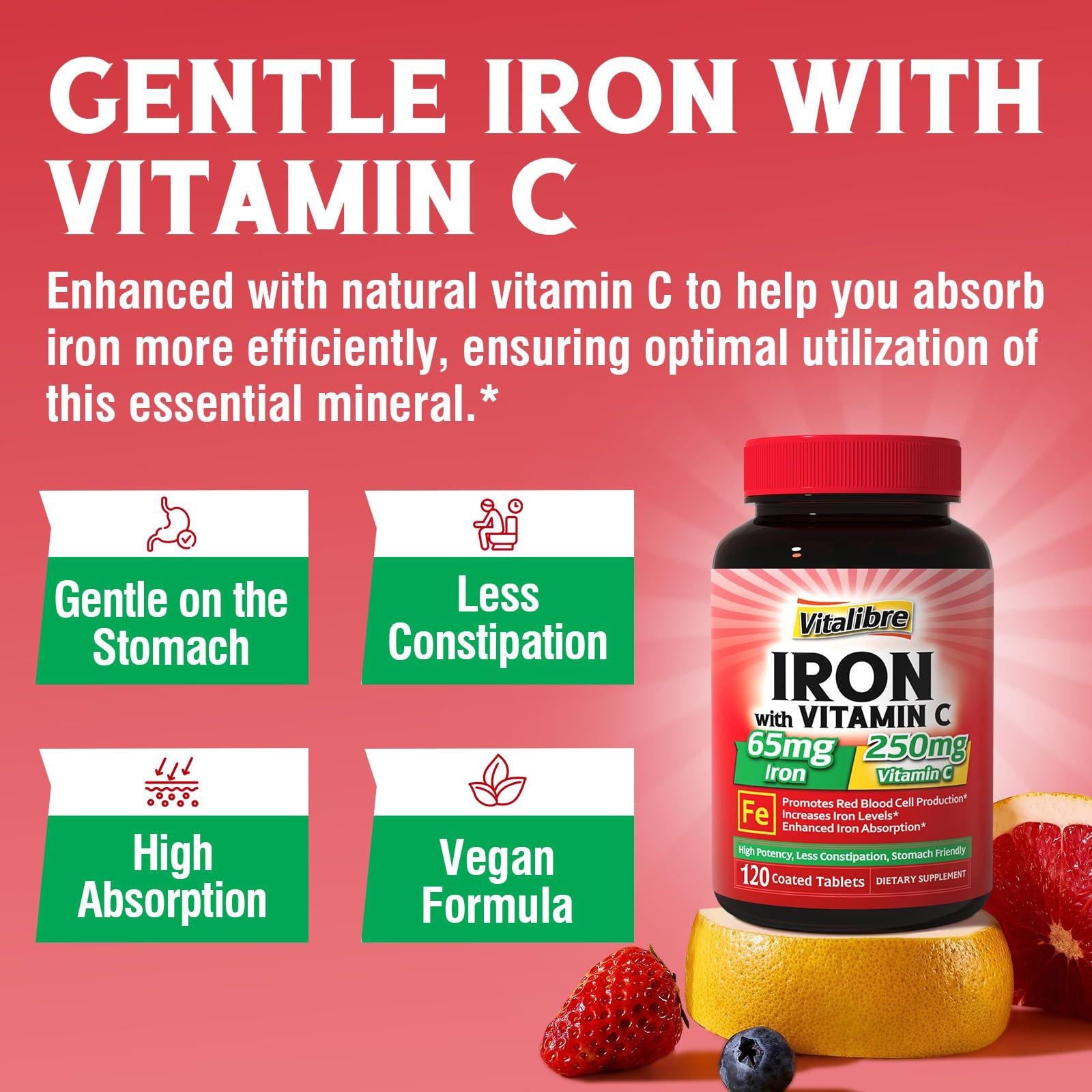 Vitalibre Iron Supplement 65mg with Vitamin C, Stomach Friendly Carbonyl Iron, High Potency & Absorption, for Healthy Iron & Energy Levels, Supports Red Blood Cell Production, 120 Tablets