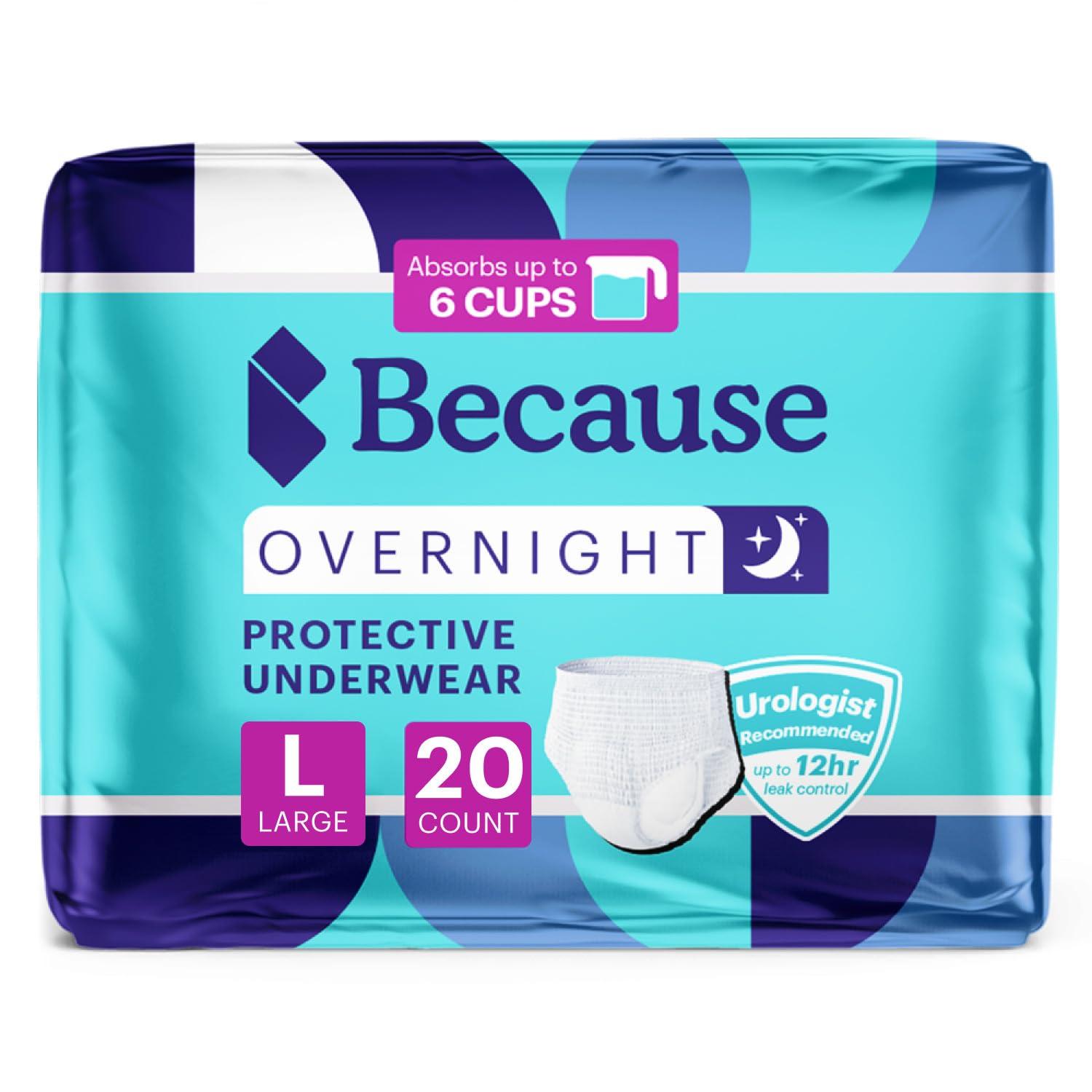 Because Because Overnight Absorbency Pull Ups - Adult Disposable Incontinence Underwear, Extra Absorbent Nighttime Pull Ups for Men and Women, White, Large, 20 Count