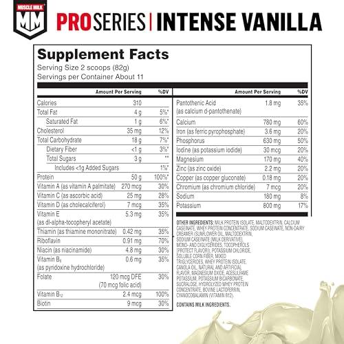 Muscle Milk Muscle Milk Pro Series Protein Powder Supplement, Intense Vanilla, 2 Pound, 11 Servings, 50g Protein, 3g Sugar, 20 Vitamins & Minerals, NSF Certified for Sport, Workout Recovery, Packaging May Vary