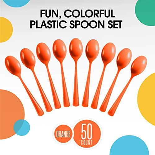 Exquisite Disposable Orange Plastic Spoons 50 Pcs - Heavy Duty Orange Plastic Disposable Cutlery - Orange Disposable Flatware, Orange Plastic Silverware, Plastic Spoons Orange Exquisite