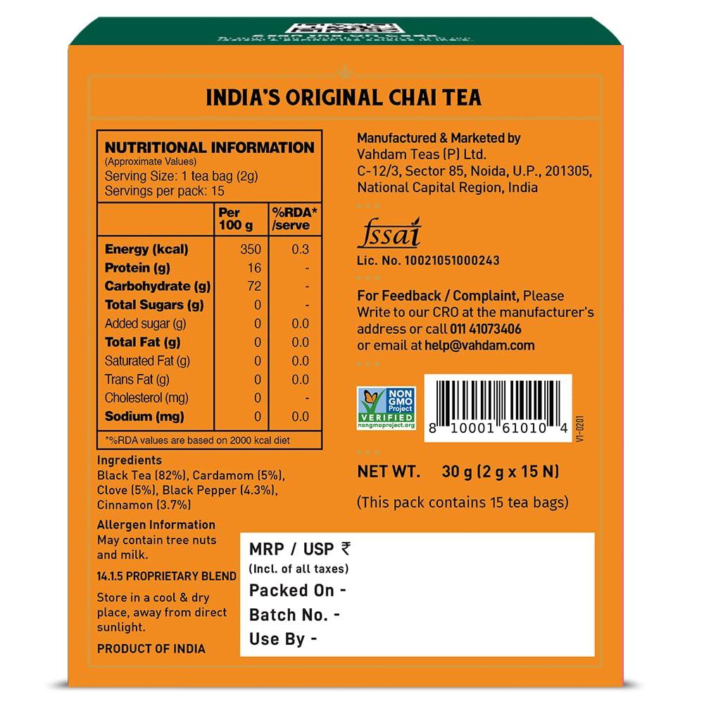 VAHDAM VAHDAM, India\'s Original Masala Chai Tea Bags (15 Count) Non GMO, Gluten Free, No Added Flavoring | Blended w/Savory Exotic Spices | Individually Wrapped Pyramid Tea Bags | Direct from Source