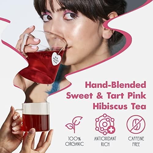 Big Heart Tea Co. Big Heart Tea Co. Tea Bags - Blushing Pink Hibiscus - Certified Organic, Naturally Sweet Ayurvedic Herbal Decaf Tea with Small Batch Ground Herbs - Adaptogenic Tulsi and Lemongrass, 10 Tea Bags