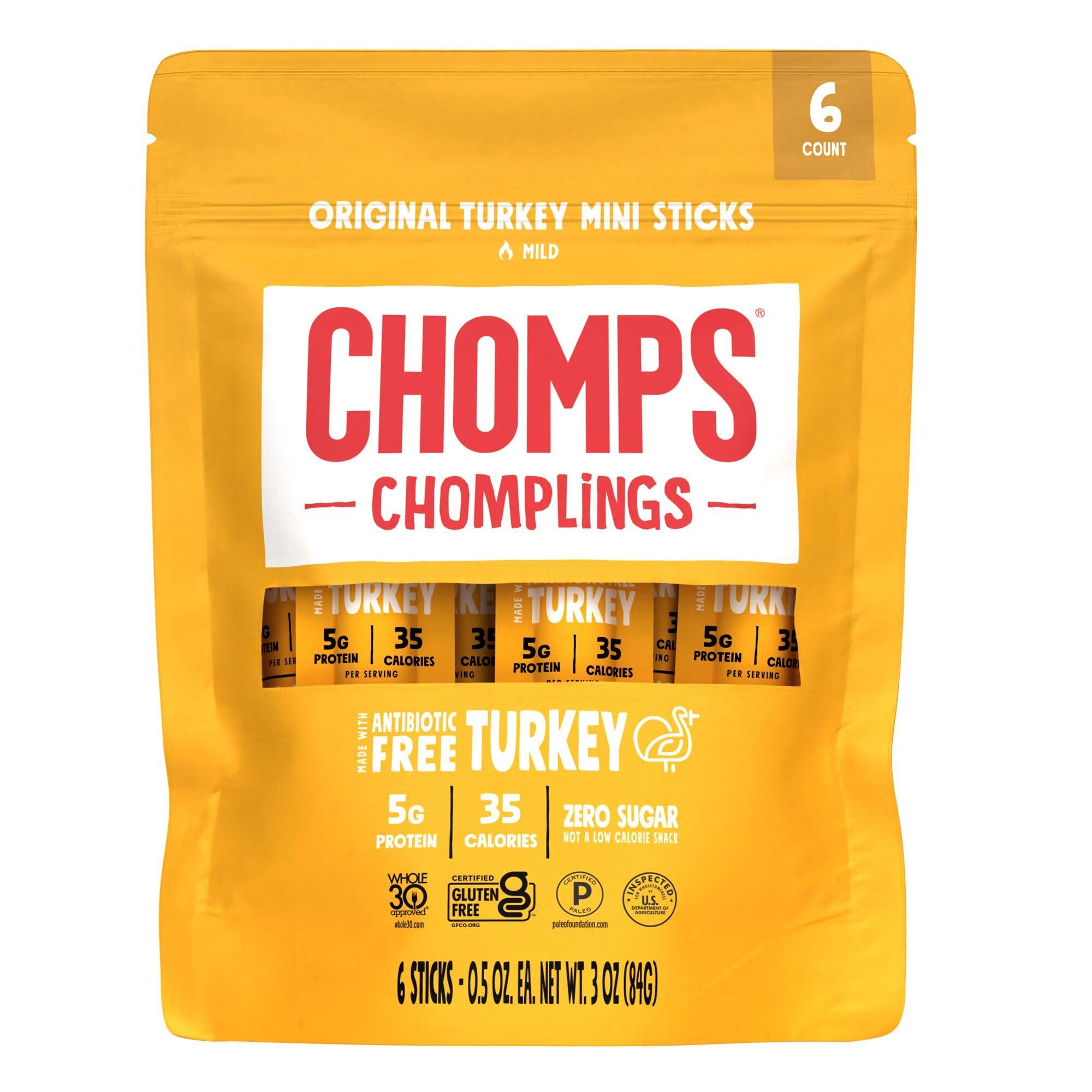 Chomps CHOMPS MINI Free Range Turkey Jerky Meat Snack Sticks, Original Turkey, 0.5 Ounce (Pack of 6)