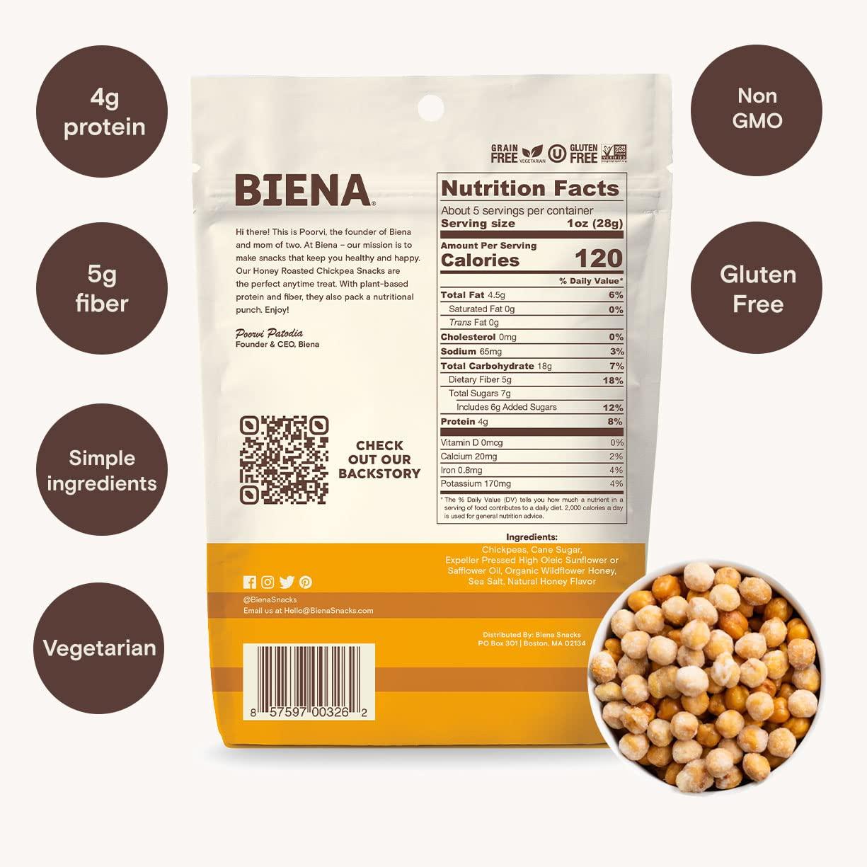 BIENA BIENA Chickpea Snacks - Crunchy Roasted Chickpeas - High Fiber Vegan Protein Snacks for Adults and Kids - 4-Pack, 5 Ounce Bags - Honey Roasted