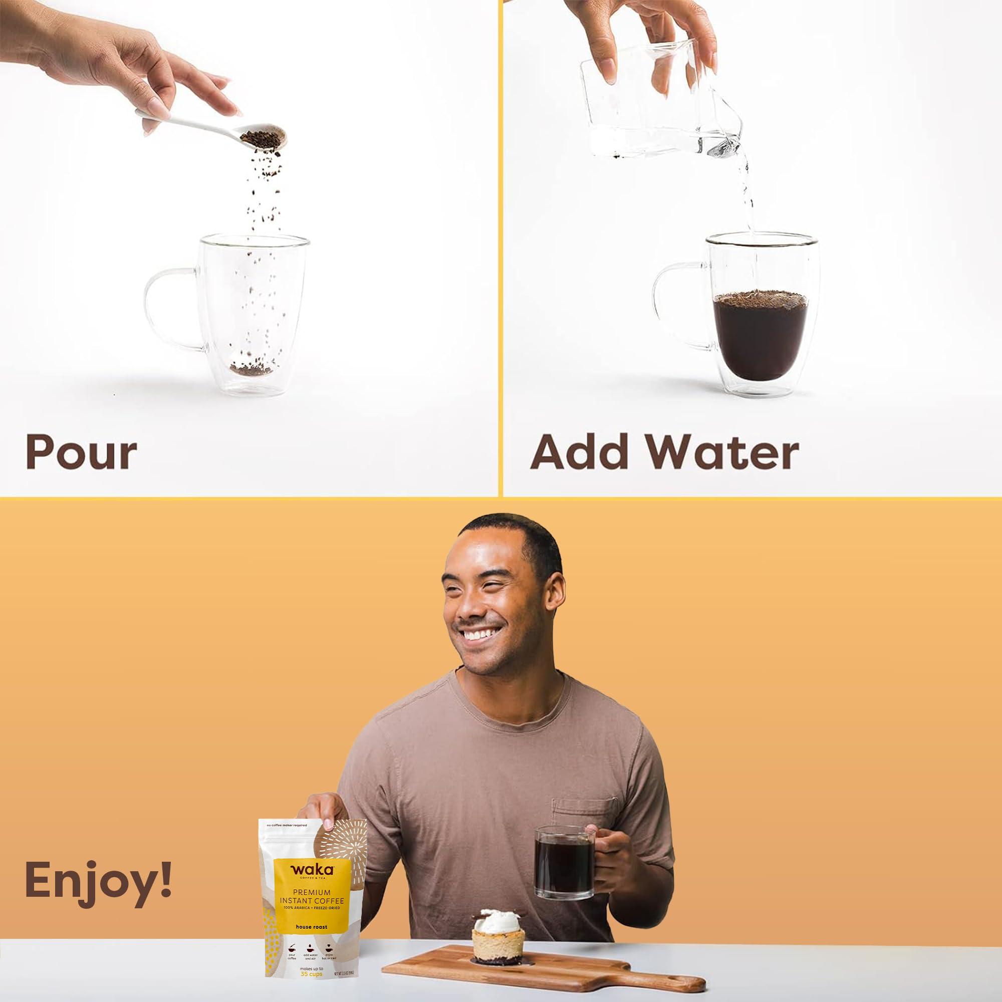 Waka Coffee Waka Instant Coffee, House Roast - 100% Arabica Beans, Freeze Dried Granules, No Sugar or Additives - Bulk Bag for Quick Hot and Iced Coffees, Up to 35 Cups (3.5oz)