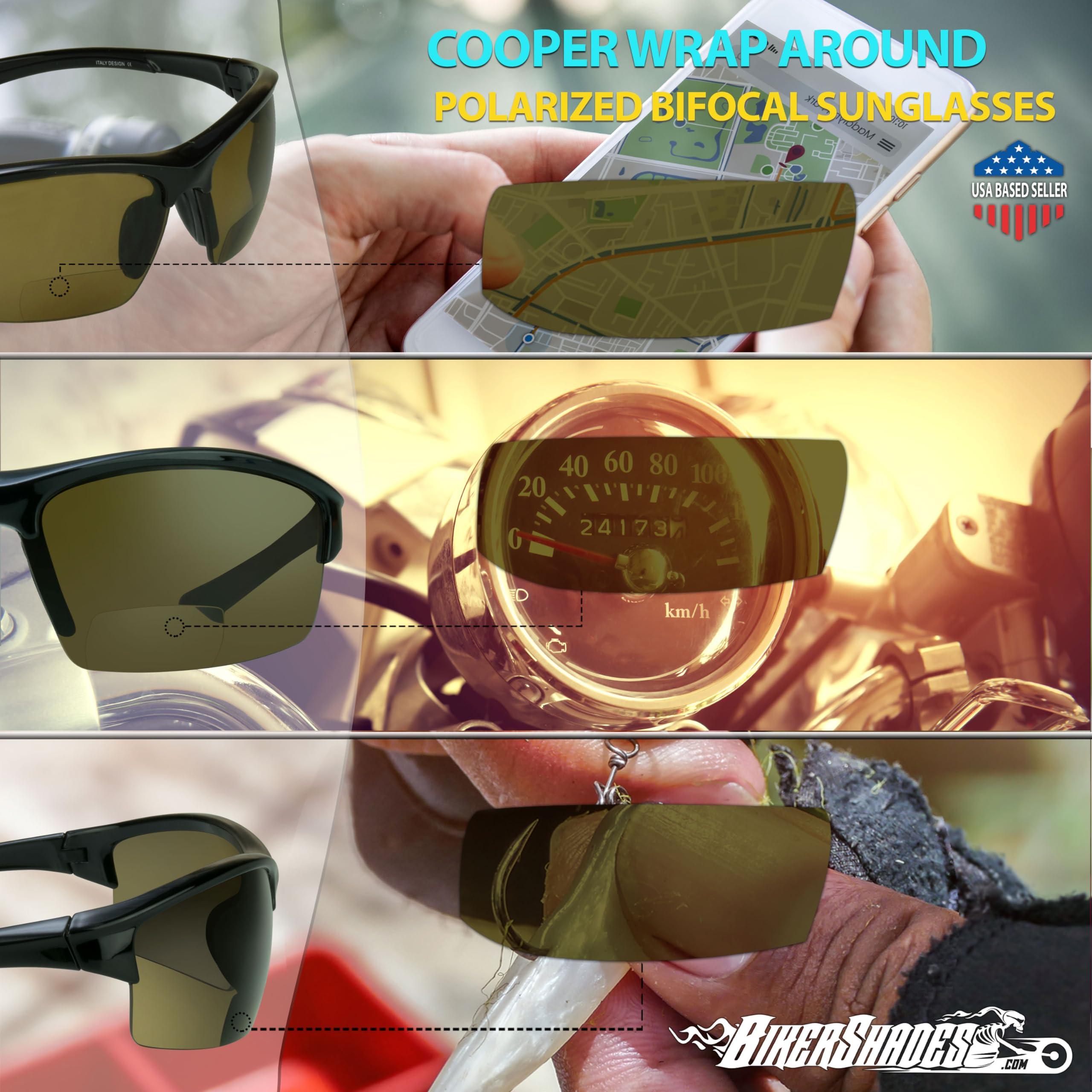 Bikershades Biker Armour Polarized Bifocal +1.50 Reading Sunglasses Wrap Around Sport TR90 Black Frame Brown Lens