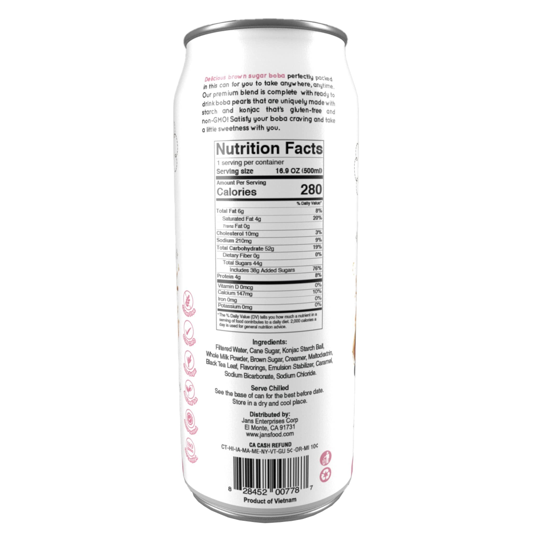 Jans Jans Boba Milk Tea Brown Sugar Flavor, Thick Sweet and Creamy Milk tea beverages with tapioca bubble boba, milky boba taiwanese tea 16.9 fl oz per can (Pack of 1)