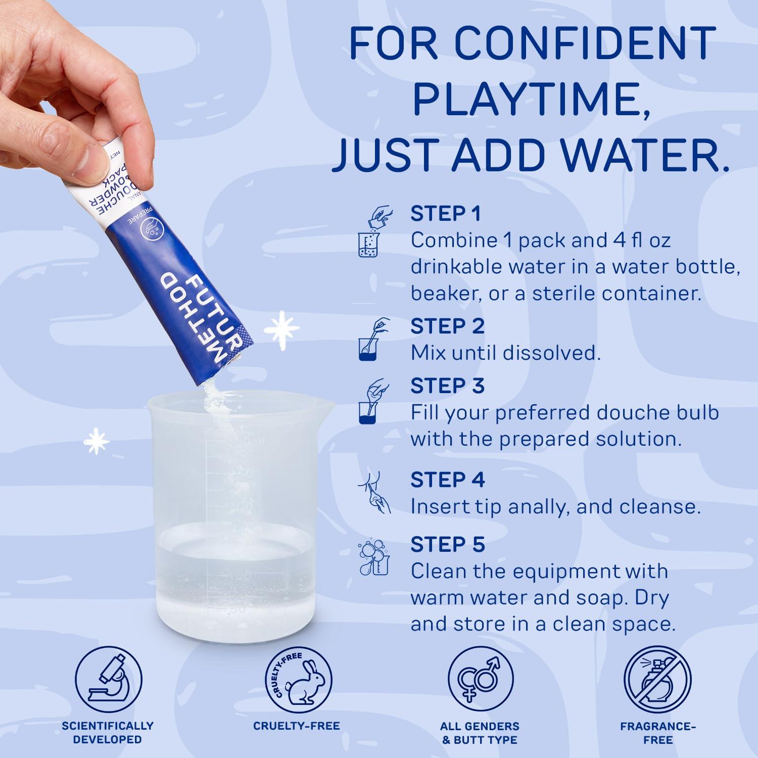 FUTURE METHOD Anal Douche Powder with Reuseable Beaker - pH Balanced & Soothing Anal Flush Cleanser for Enema Bulbs (10 Pack)