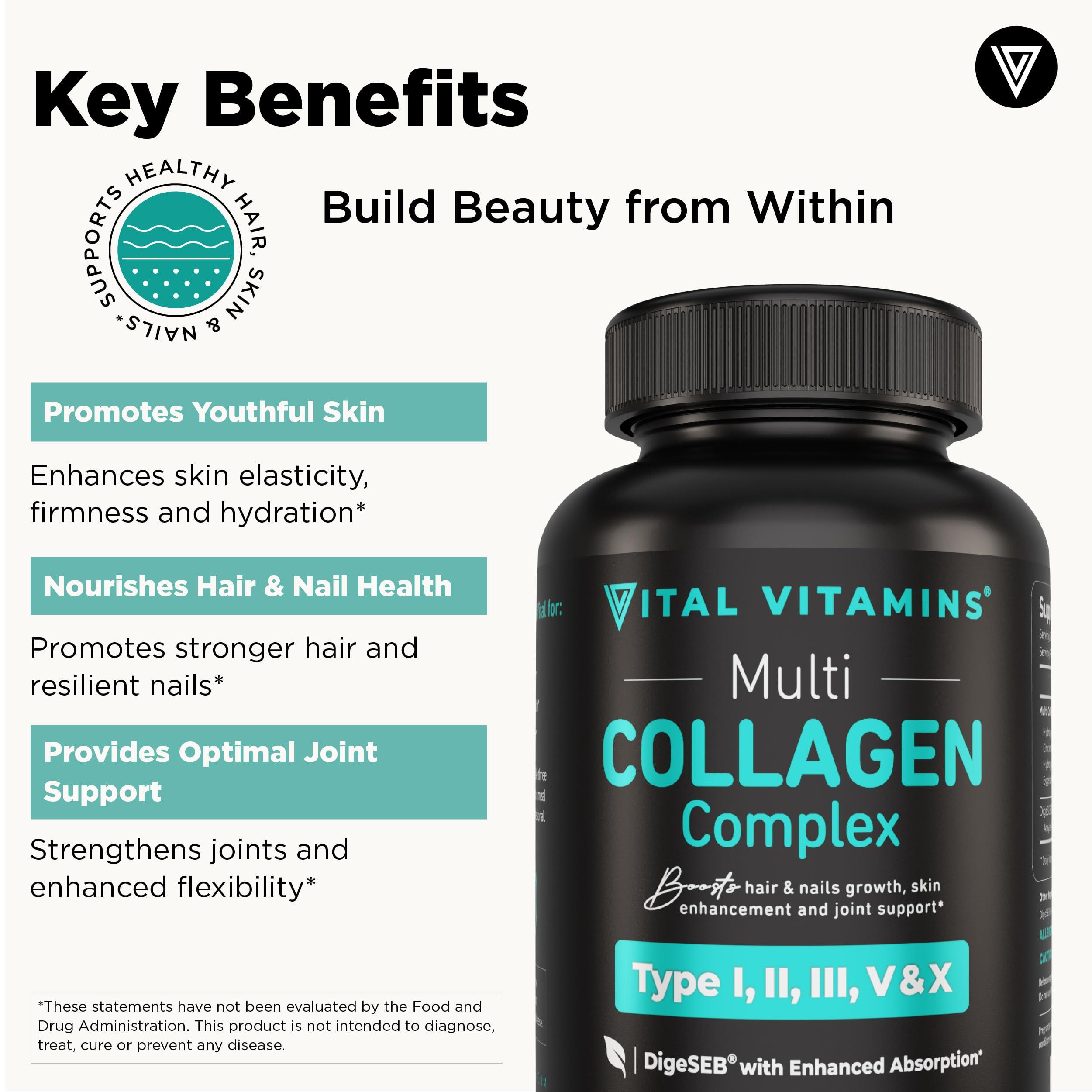 Vital Vitamins Vital Vitamins Multi Collagen for Women & Men - Type I, II, III, V, X - Grass Fed, Non-GMO - 150 Capsules