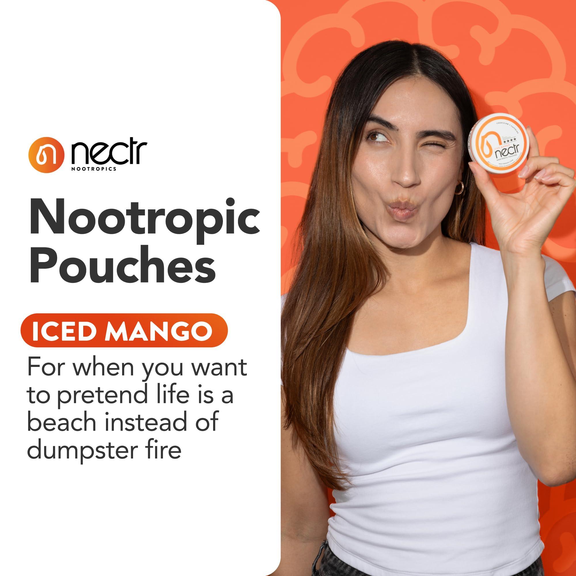 Nectr Nectr Nootropic Energy Pouches, Focus & Energy, Iced Mango, Cognizin 62.5 mg, Caffeine 30 mg, 16 Pouches, Neuro Support, Sugar Free, 5 Pack of Cans