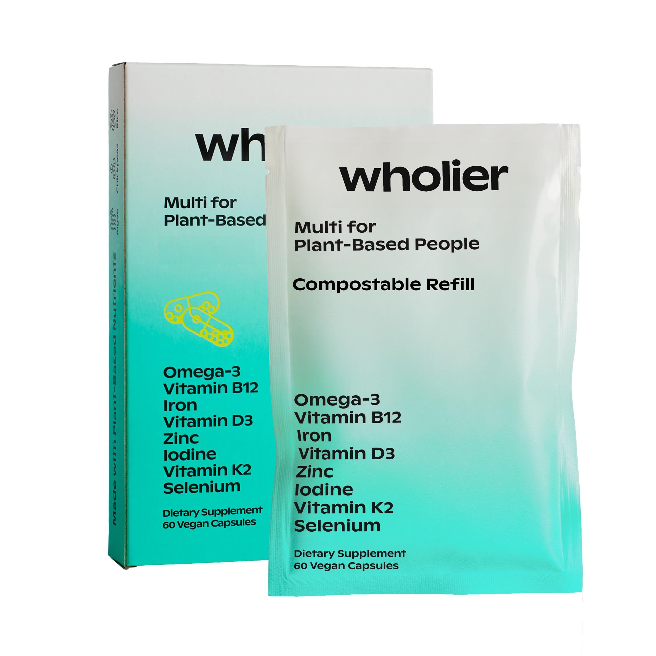 wholier wholier -Plant-Based Vegan Multivitamin Omega 3 DHA + EPA, Vitamin D, Vitamin B12, Zinc, Vitamin K2, Iron, Iodine, Selenium. 60 Count (30-Day Supply) (Compostable Refill)