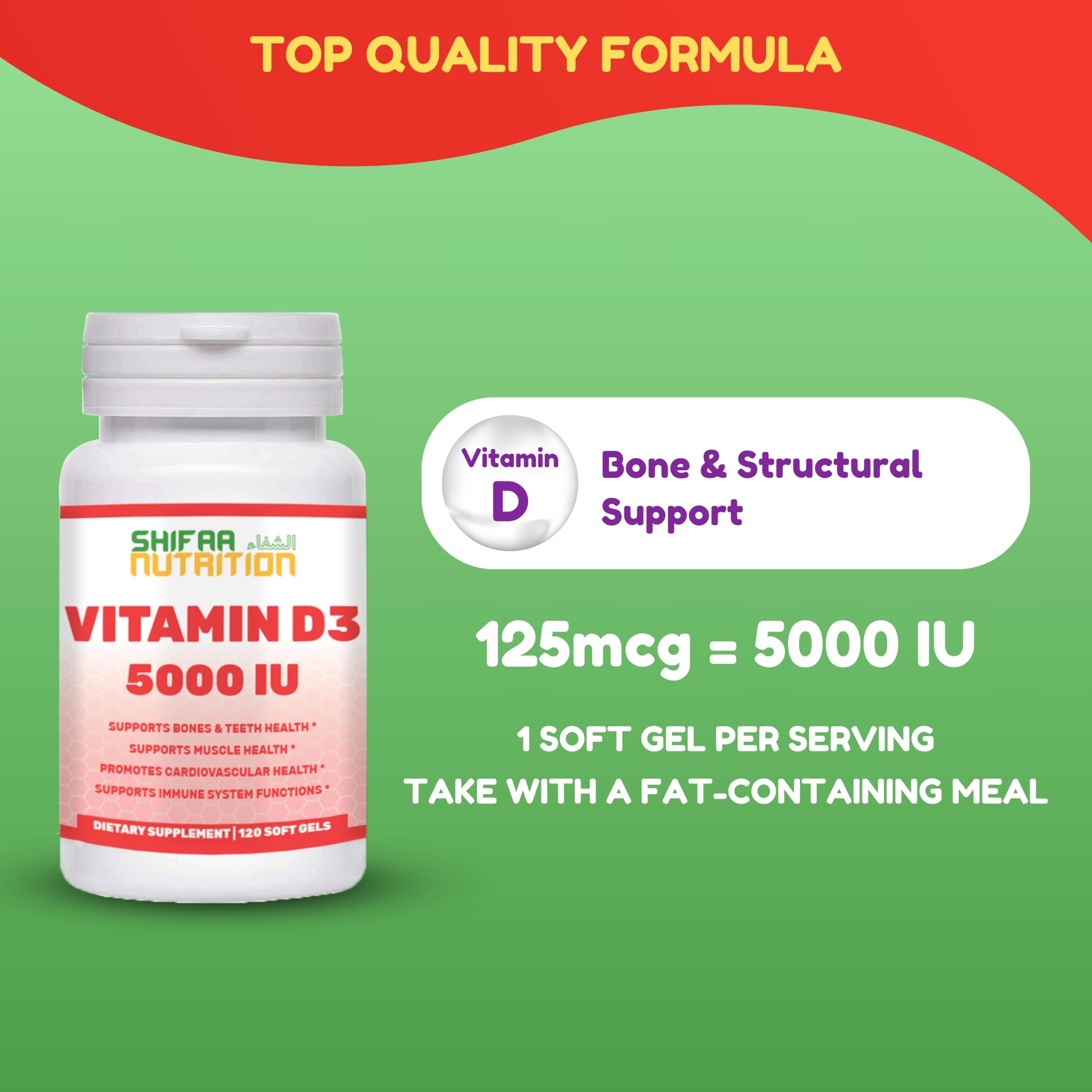 SHIFAA NUTRITION SHIFAA NUTRITION Halal Vitamin D, Halal Vitamin D3, 5000 IU Softgels, 120 Servings. Non-GMO, Gluten-Free, Supports: Structure, Bones, Teeth, Heart, Muscle & Immune Functions