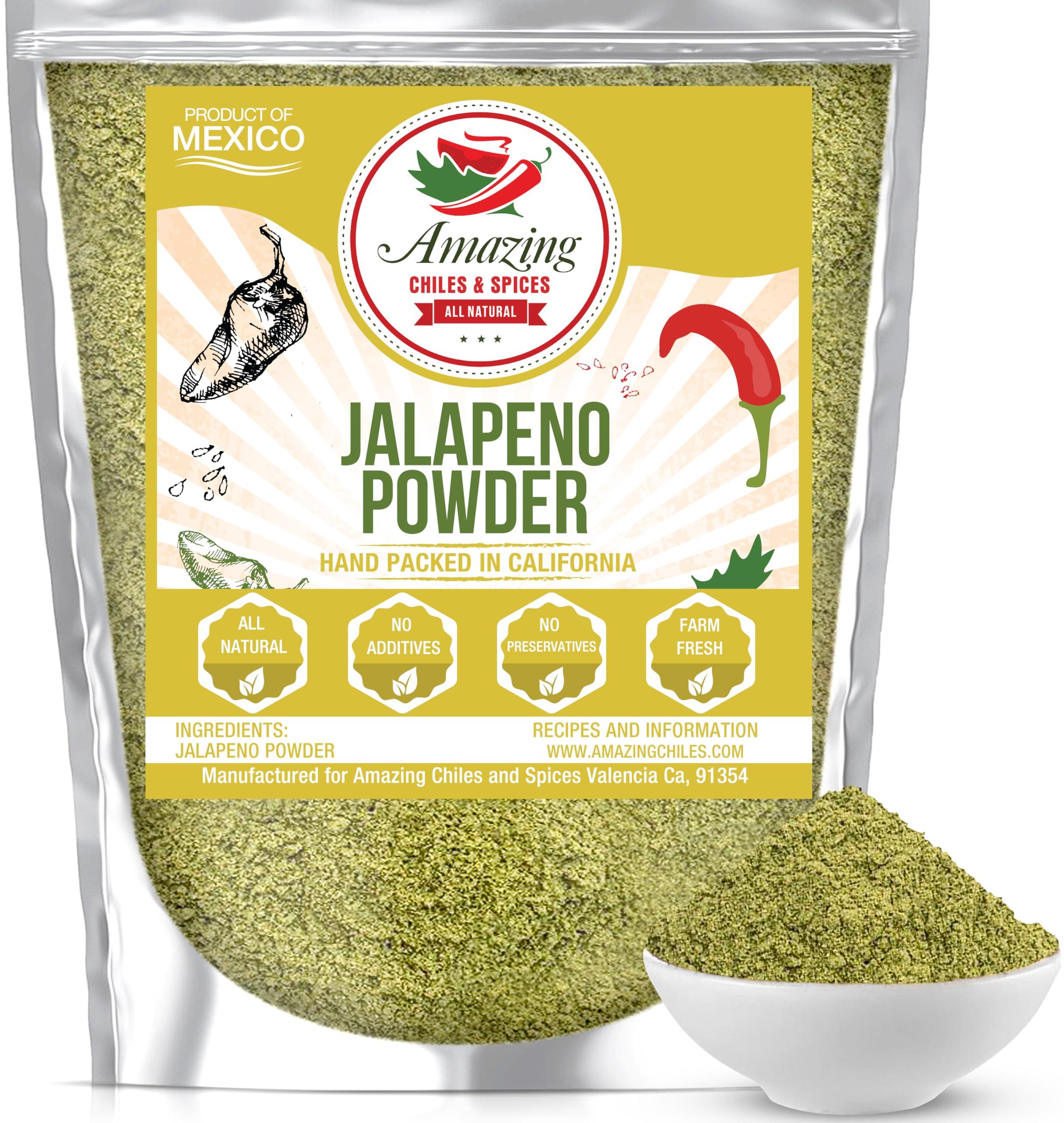 Amazing Chiles & Spices Jalapeno Powder Seasoning 8oz – Natural and Premium. Great For Chili, Salsa, Spice Blends, Stews, Tacos, Corn Bread. Medium to High Heat - fruity, spicy hot flavor. By Amazing Chiles & Spices.