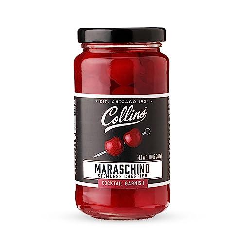 Collins Collins Stemless Maraschino Cherries, Garnish for Cocktails, Desserts, Manhattans, and Old Fashioned, Gourmet Snacking Cherries for Home and Bar, 10oz