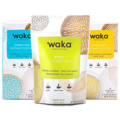Waka Coffee Waka — Instant Coffee and Tea Bundle — Unsweetened Green Tea — Single-Serve Colombian and Papua New Guinean Boxes