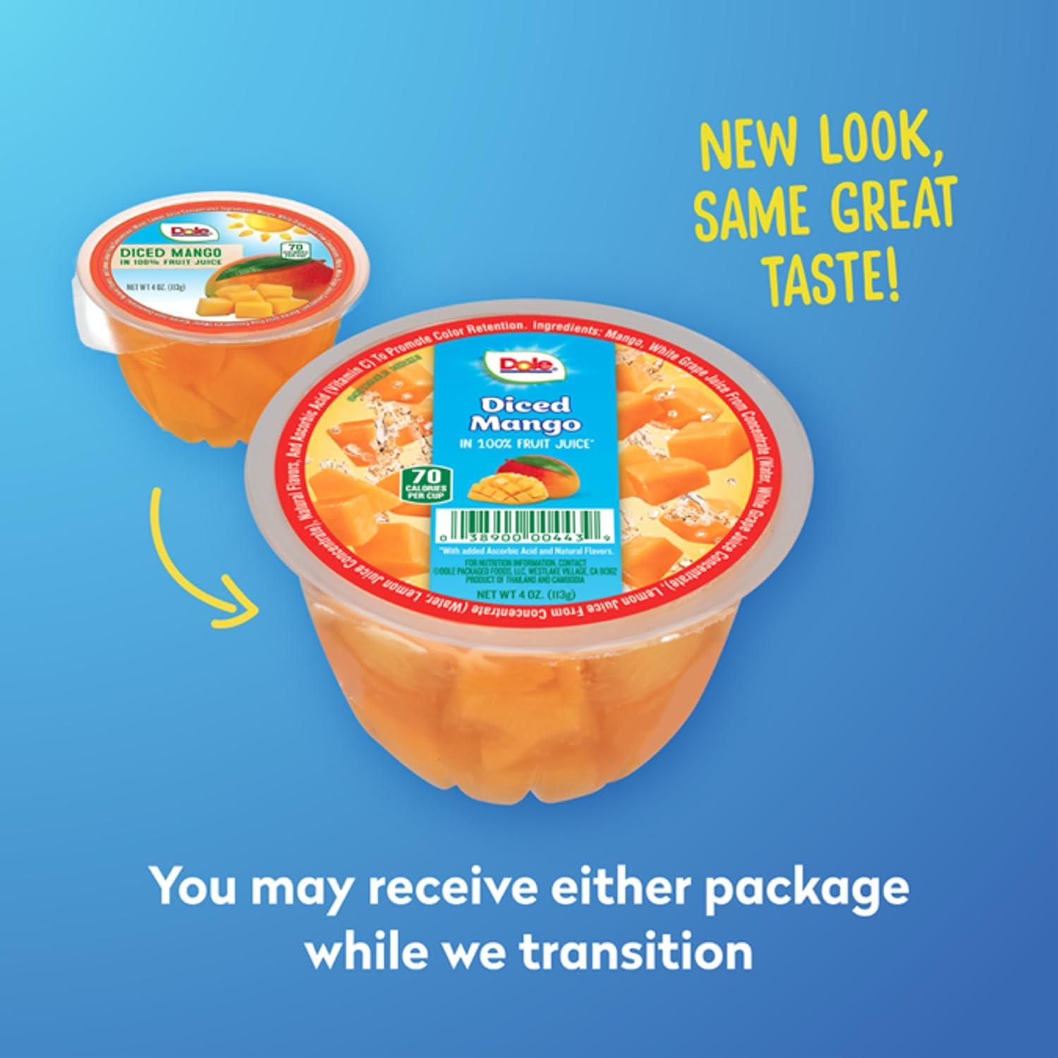 Dole Dole Fruit Bowls Diced Mango in 100% Juice Snacks, 4oz 36 Total Cups, Gluten & Dairy Free, Bulk Lunch Snacks for Kids & Adults