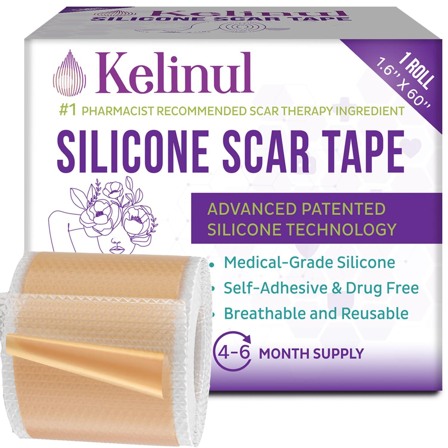 Kelinul Silicone Scar Sheets(1.6\'\' x 60\'\'Roll-1.5M) - Soft Silicone Gel Scar Tape Painless Silicone Tape Roll - Reusable, Medical Grade Silicone Scar Removal Strips for C-Sectio