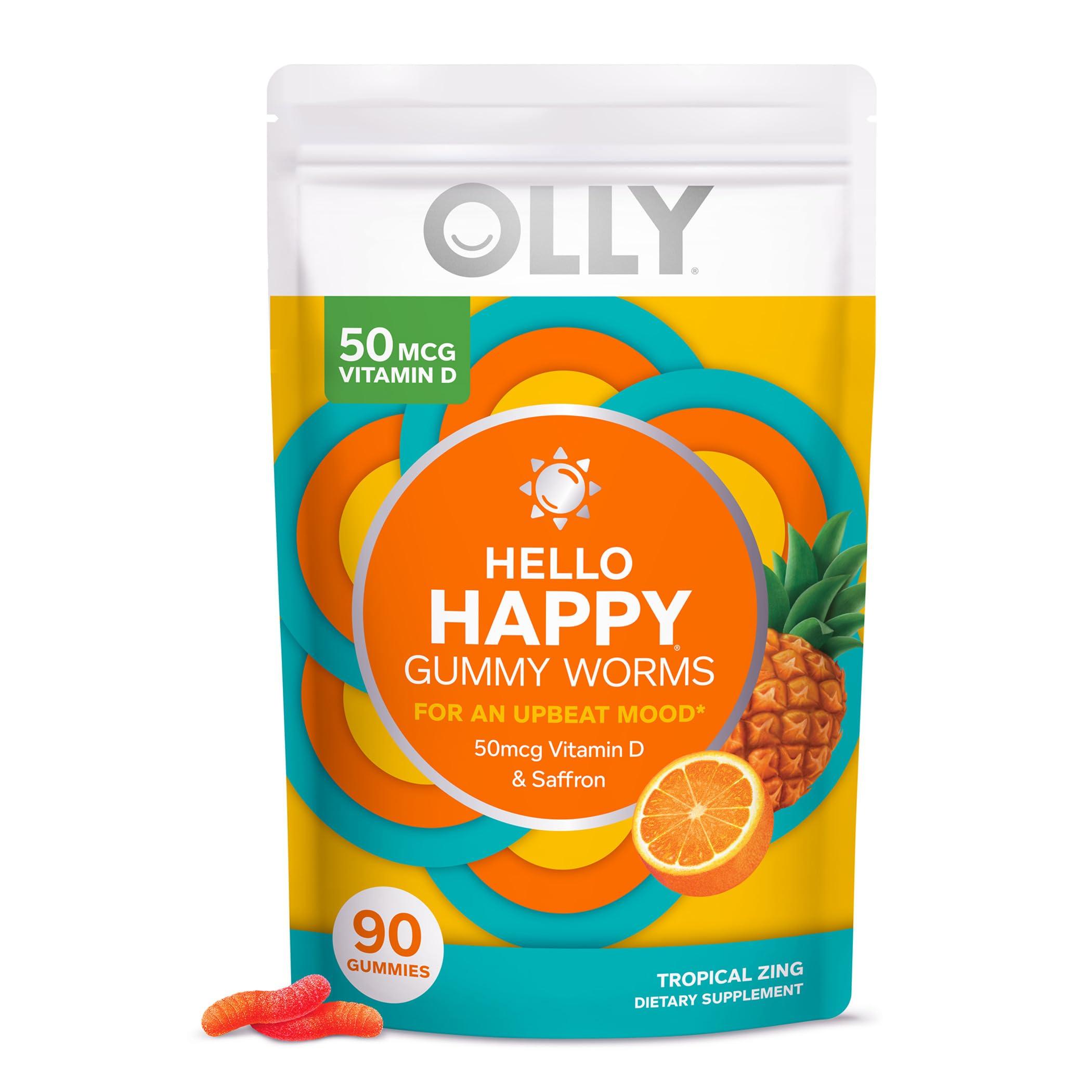 OLLY OLLY Hello Happy Gummy Worms, Mood Balance Support, Vitamin D, Saffron, Adult Chewable Supplement & Ultra Strength Goodbye Stress Softgels, GABA, Ashwagandha, L-Theanine and Lemon Balm