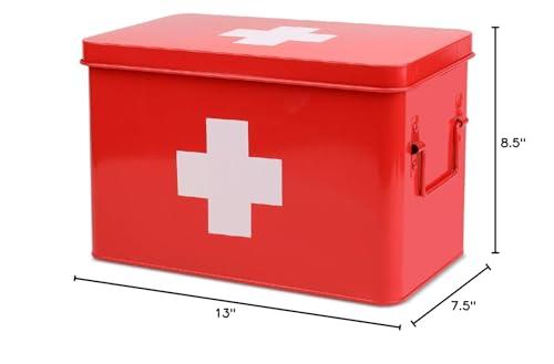 Flexzion Flexzion First Aid Box Organizer Empty 13\" Red Vintage First Aid Kit Tin Metal Medical Box - First Aid Storage Box Container Bins with Dividers, Removable Tray and White Cross Logo