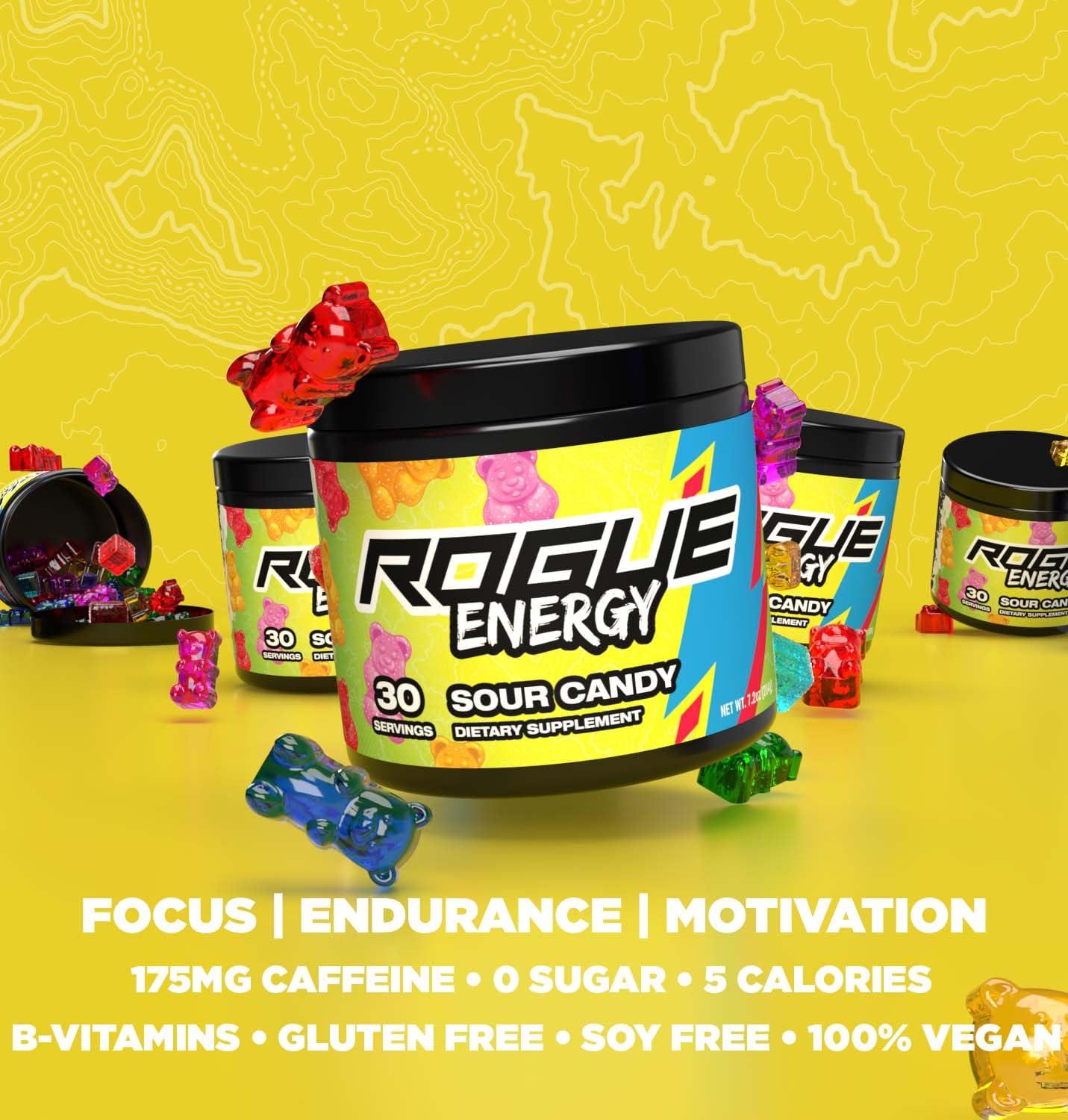 Rogue Energy Rogue Energy Energy Drink Powder for Long Gaming Hours - Energy Powder for Mental Focus - Sugar & Gluten Free - Gaming Supplement with Caffeine & Vitamins - Made in USA (Sour Candy - 40 Servings)