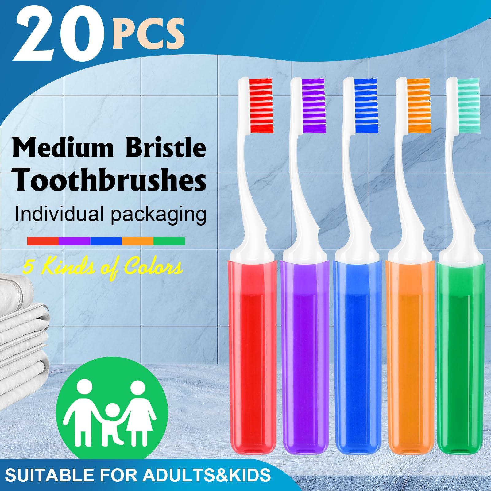 Navona 20PCS Travel Toothbrush Bulk Folding Mini Toothbrush with Toothbrush Case, Medium Potable Travel Size Toothbrush,Camping Toothbrush, individually Wrapped Toothbrush for Camping,Hiking,Traveling,School