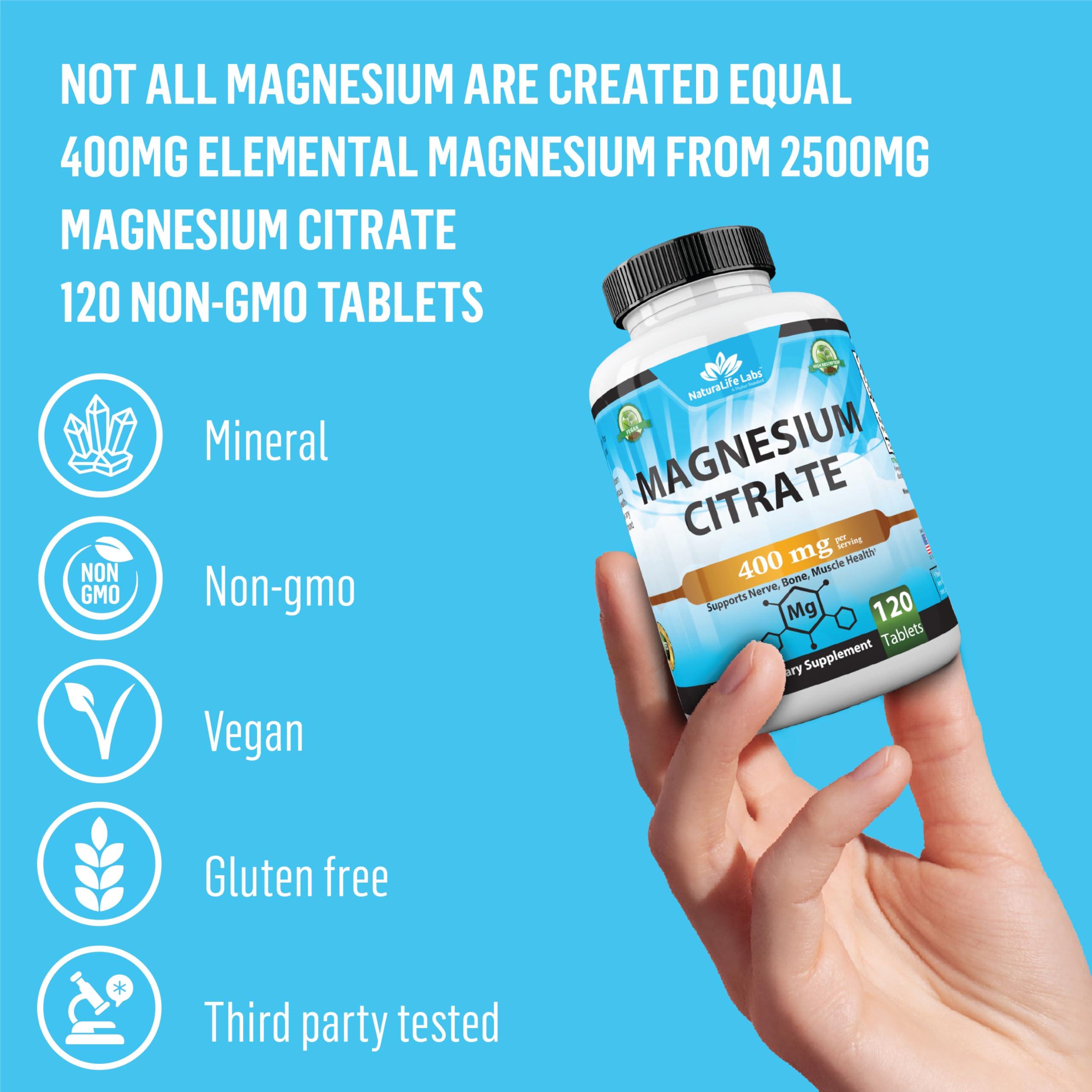 NaturaLife Labs Magnesium Citrate 400 mg - High Potency Elemental Magnesium Essential Mineral for Heart, Muscle, & Digestion Support Non-GMO - 120 Tablets