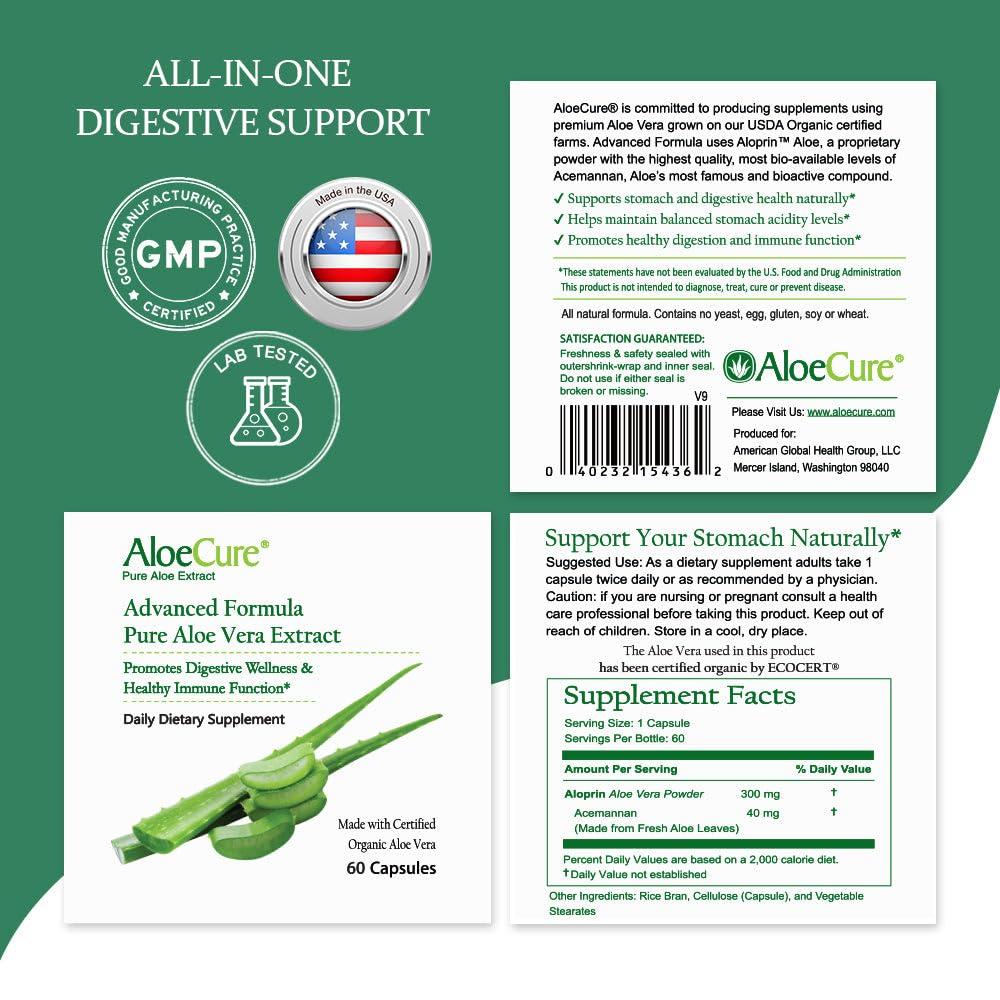 AloeCure AloeCure Organic Aloe Vera Capsules, 130,000mg Inner Aloe Leaf Equivelant per Serving, Support Gut Health & Digestive Comfort, Stomach Acid Buffer, Natural Immune Supplement, Aloin Free, 60 Capsules