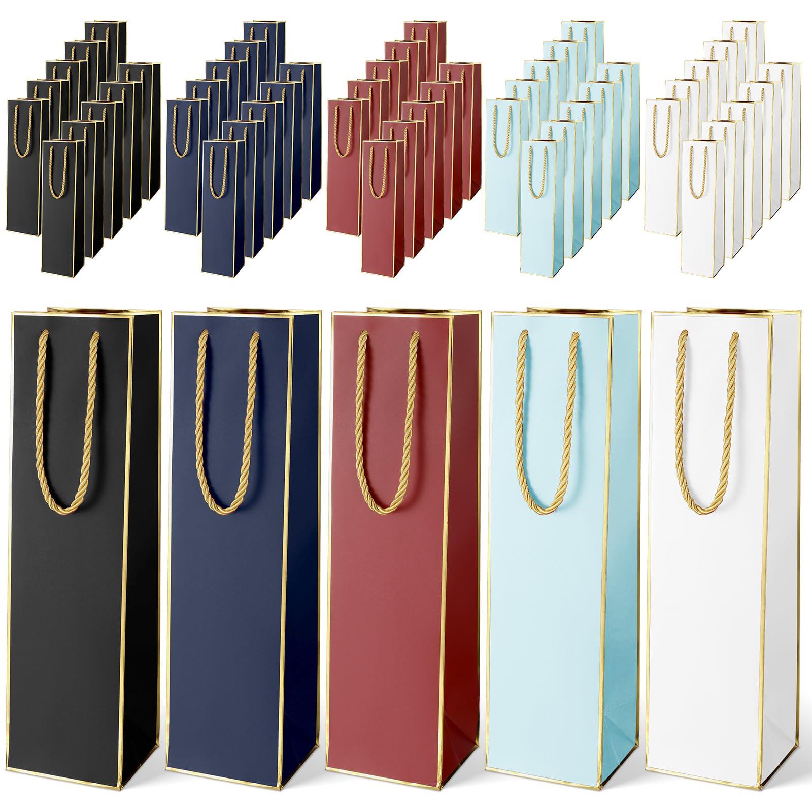 Fumete Fumete 50 Pack Wine Bottle Gift Bags Paper Wine Gift Bags Bulk 13.8x3.7x3.5 Inch with Handles for Appreciation Gifting Christmas Wedding Anniversary Birthday Party(Retro Colors)