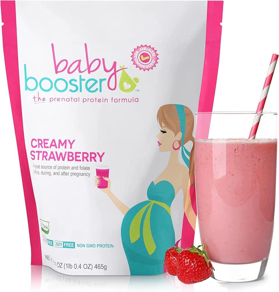 Baby Booster Baby Booster Pregnancy Protein Powder Vitamin Supplement Shake - OB/GYN Approved Prenatal & Postnatal Lactation Use - Morning Sickness Relief with Vegan DHA and Methyl Folate - Creamy Strawberry, 1 lb