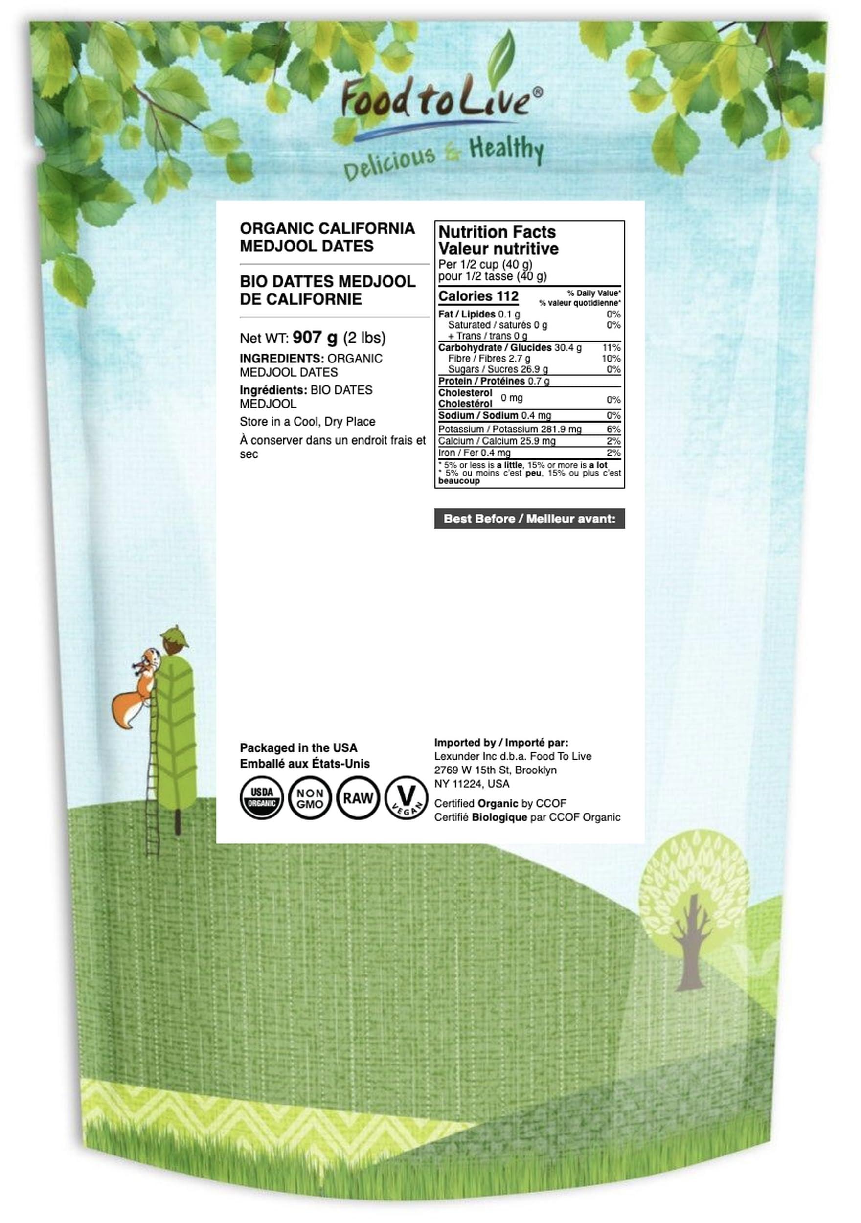 Food to Live Food to Live Organic California Medjool Dates, 2 Pounds Soft & Juicy Nature\'s Candy. Non-GMO Whole Dry Fancy Dates with Pits. Perfect Snack. Unsweetened, Unsulphured. Vegan, Kosher, Fruits in Bulk
