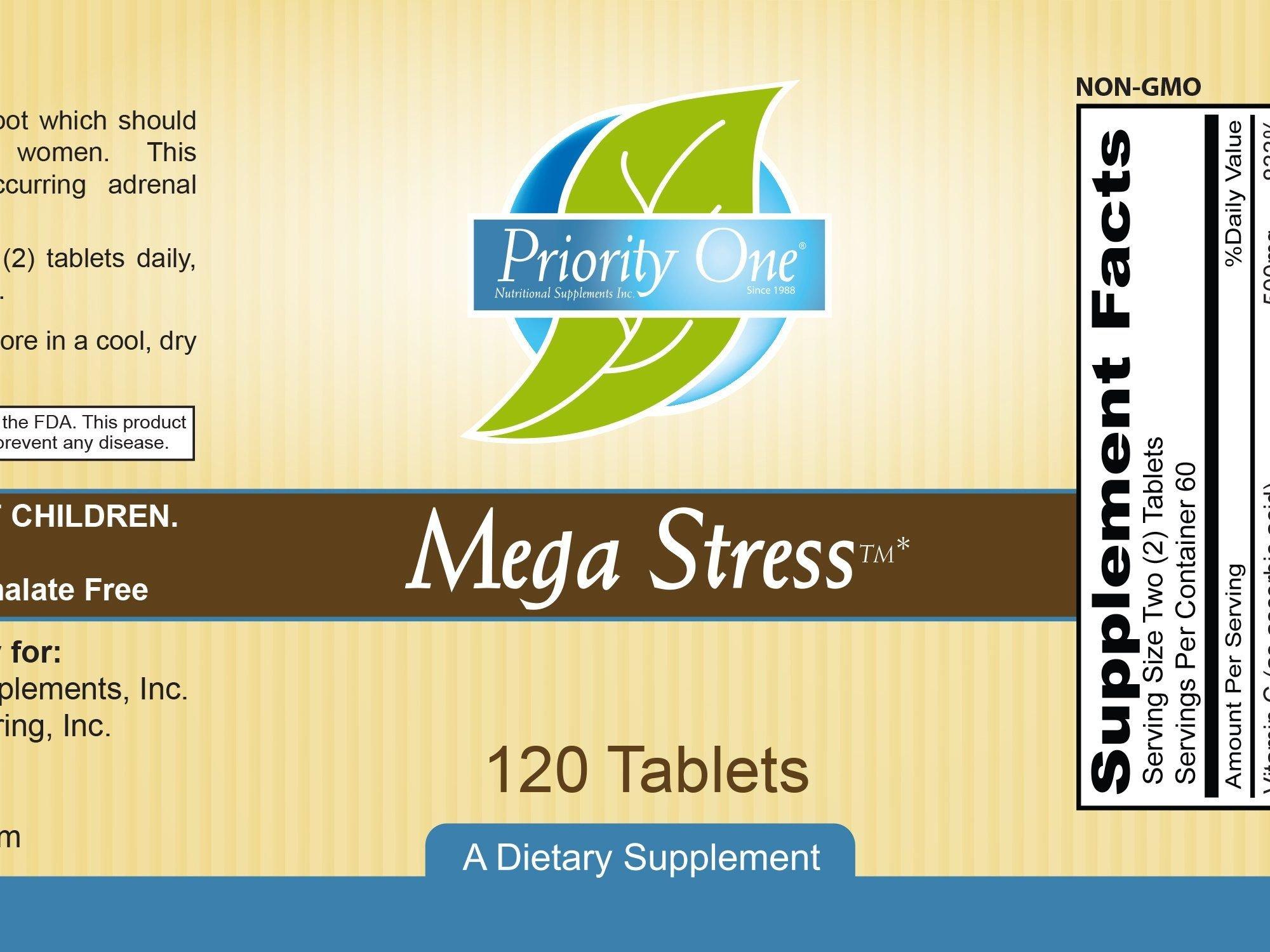 Priority One Nutritional Supplements Priority One Vitamins Mega Stress 120 Tablets - B Vitamin Complex with The Benefits of Adrenal