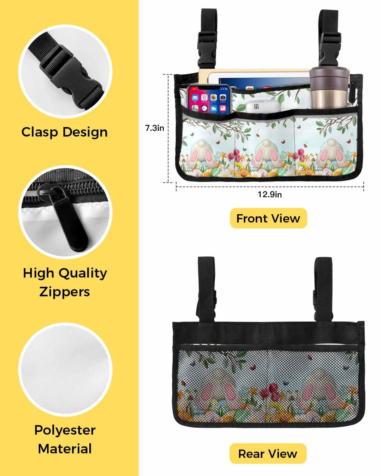 Sabolny Easter Bunny Butt Wheelchair Side Bag, Watercolor Spring Flower Eggs Leaves Wheelchair Walker Armrest Bags with Cup Holder & Reflective Stripes, Mobility Scooter Walker Rollator Wheelchair Accessories