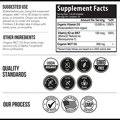 Triquetra Health Organic Plant D3 + K2 - 10,000 iu D3 - All-Trans MK7 from MenaQ7 (120 mcg K2) - 100% Organic & Plant-Based Sublingual D3 Drops (Cholecalciferol), 100% Vegan - Supports Immunity, Bone, Mood & Brain