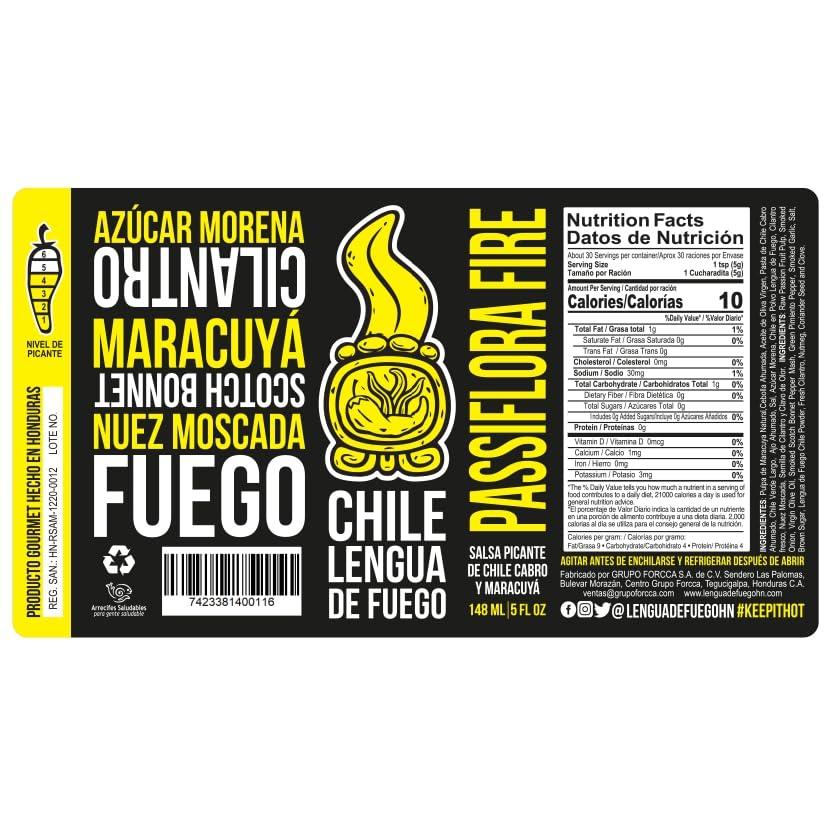 Chile Lengua de Fuego Passiflora Fire Hot Sauce - Exotic Passion Fruit and Triple Scotch Bonnet Blend with Smoked Garlic and Spices