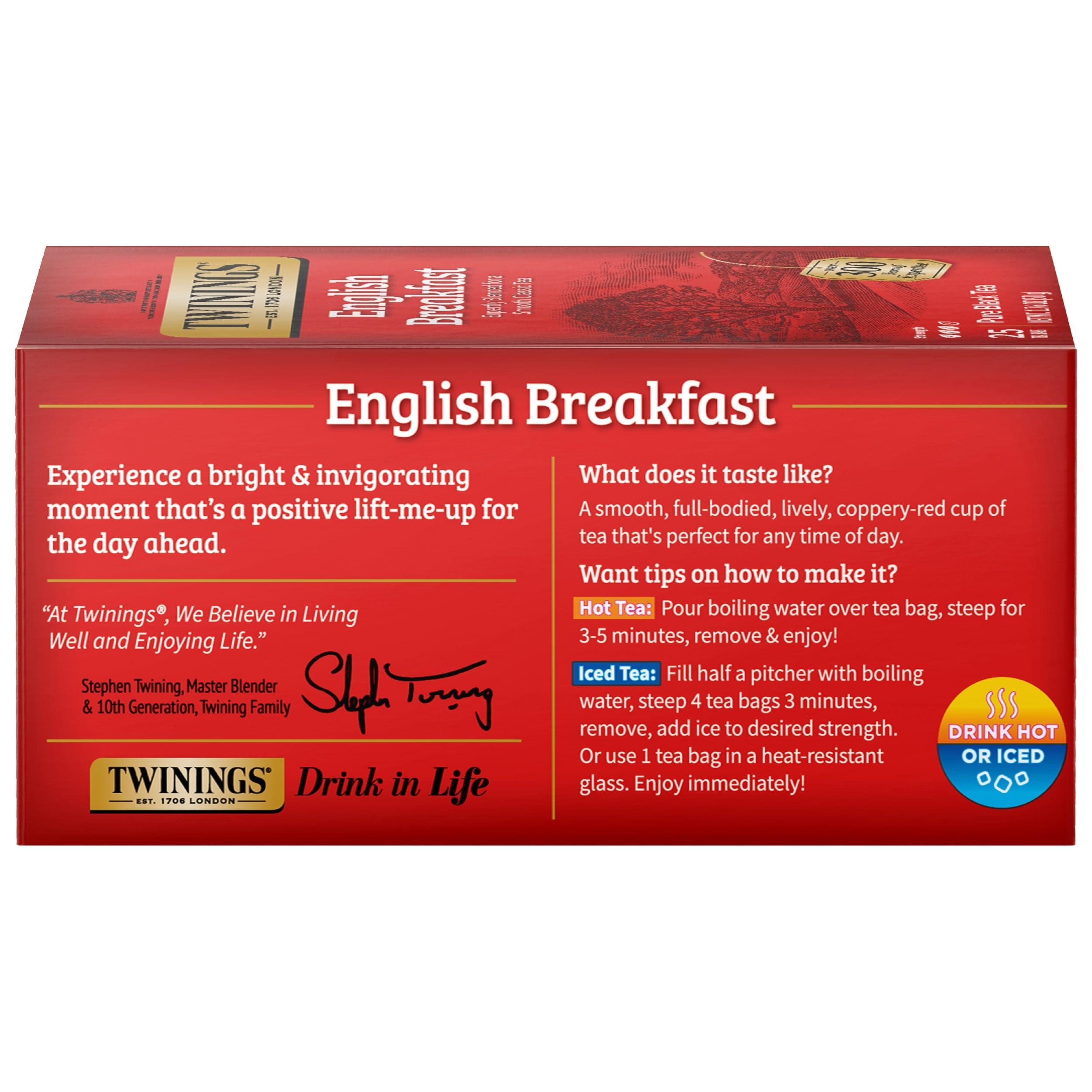 Twinings Twinings English Breakfast Black Tea Individually Wrapped Bags, 25 Count (Pack of 6), Flavourful, Robust Black Tea, Caffeinated, Enjoy Hot or Iced | Packaging May Vary
