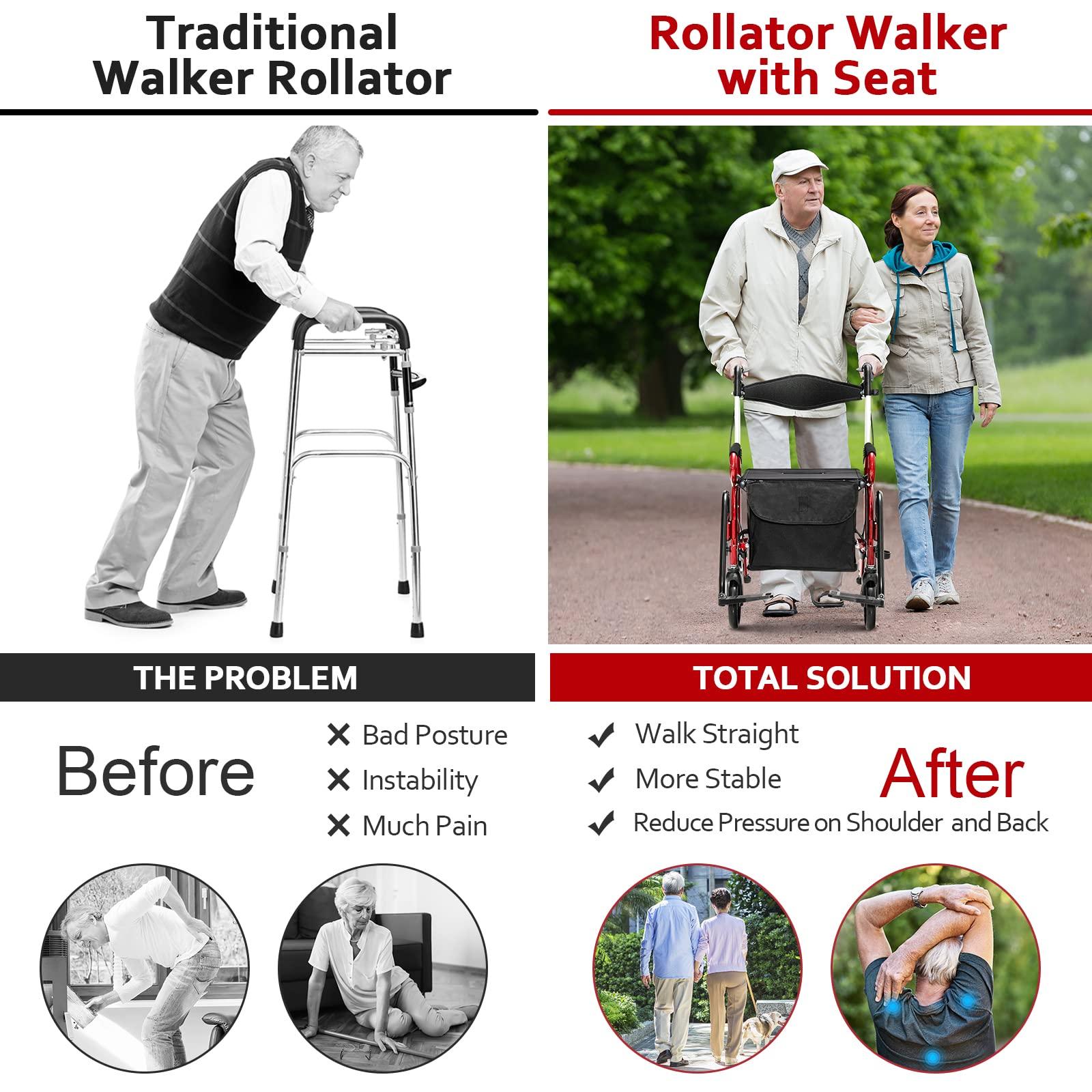 GOFLAME GOFLAME 2-in-1 Rollator Walker for Seniors, Folding Transport Chair with Seat, Reversible Backrest, Storage Bag, Height Adjustable Handle, Umbrella Holder & Pedal, 4 Wheel Mobility Walking Aid, Red