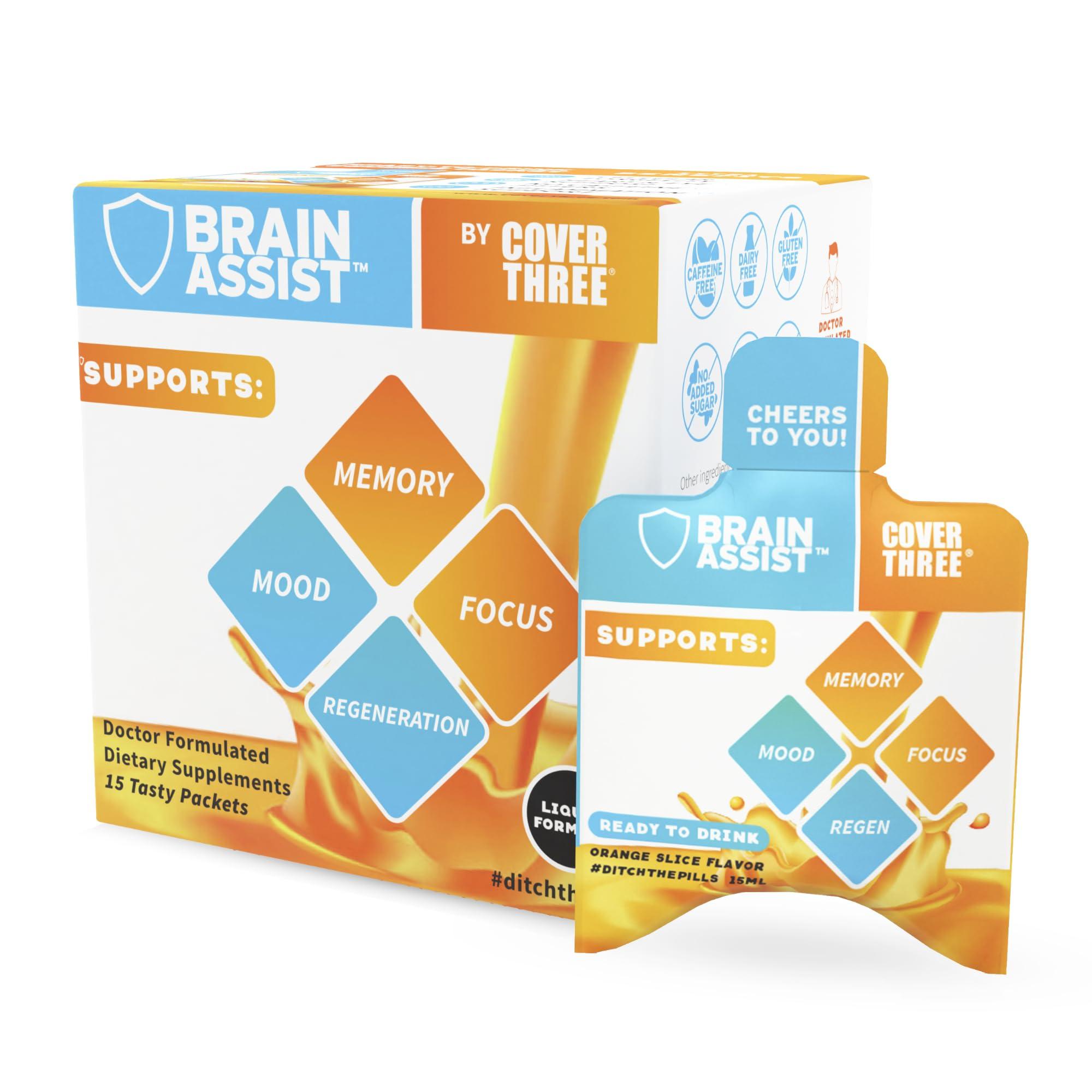 Cover Three Cover Three Brain Assist Brain Supplement, Nutritional Focus Supplement with Curcumin, Uridine, Orange Slice Liquid Brain Support Formula, High Performance Memory Supplements