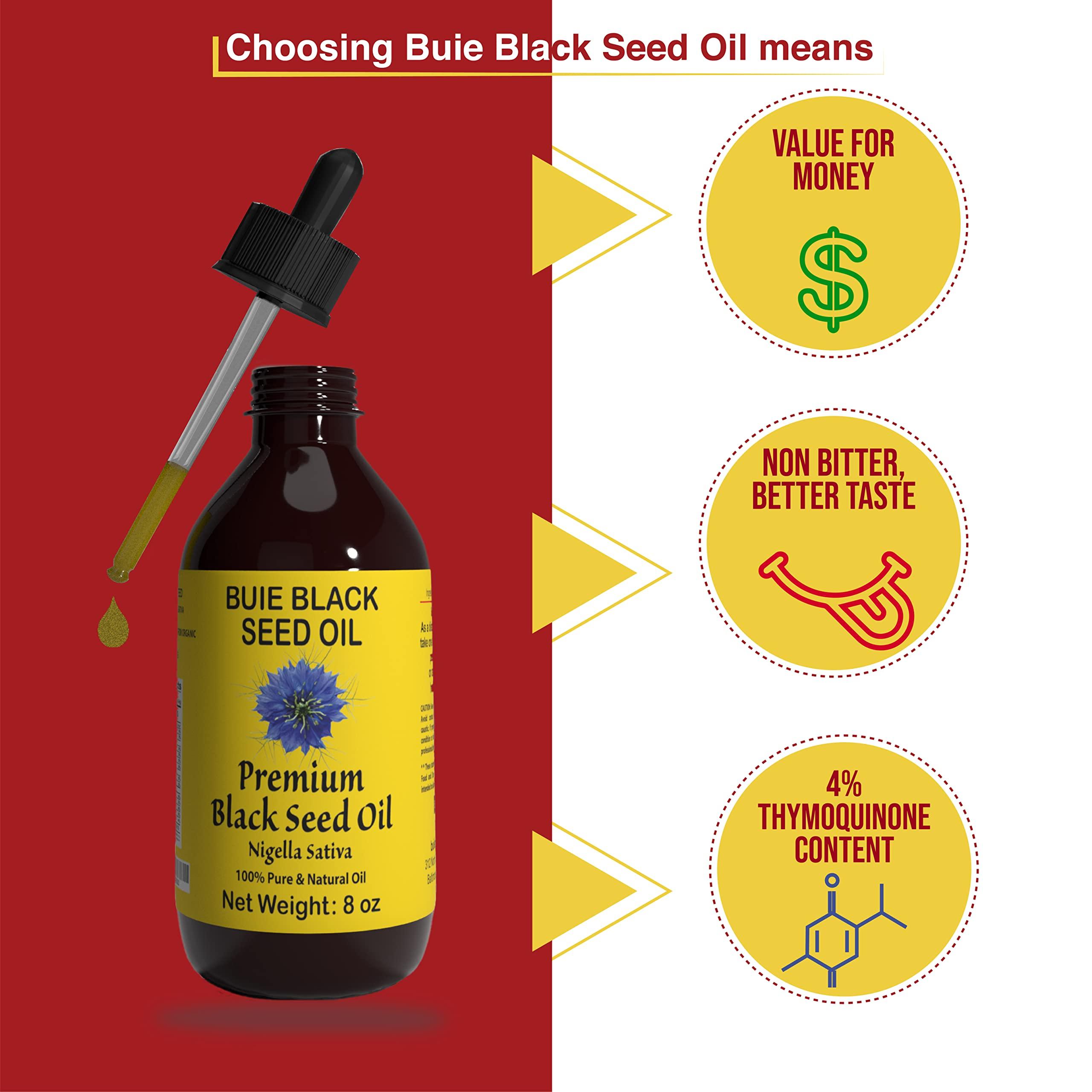 BUIE HOLISTIC HERBS BUIE Black Seed Oil | Black Cumin Seed Oil (Nigella Sativa Oil) | Un-Refined, Cold Pressed Extra Virgin Oil | with 4.5 to 6% Thymoquinone & Omega 3 6 9 | 8 FL Oz