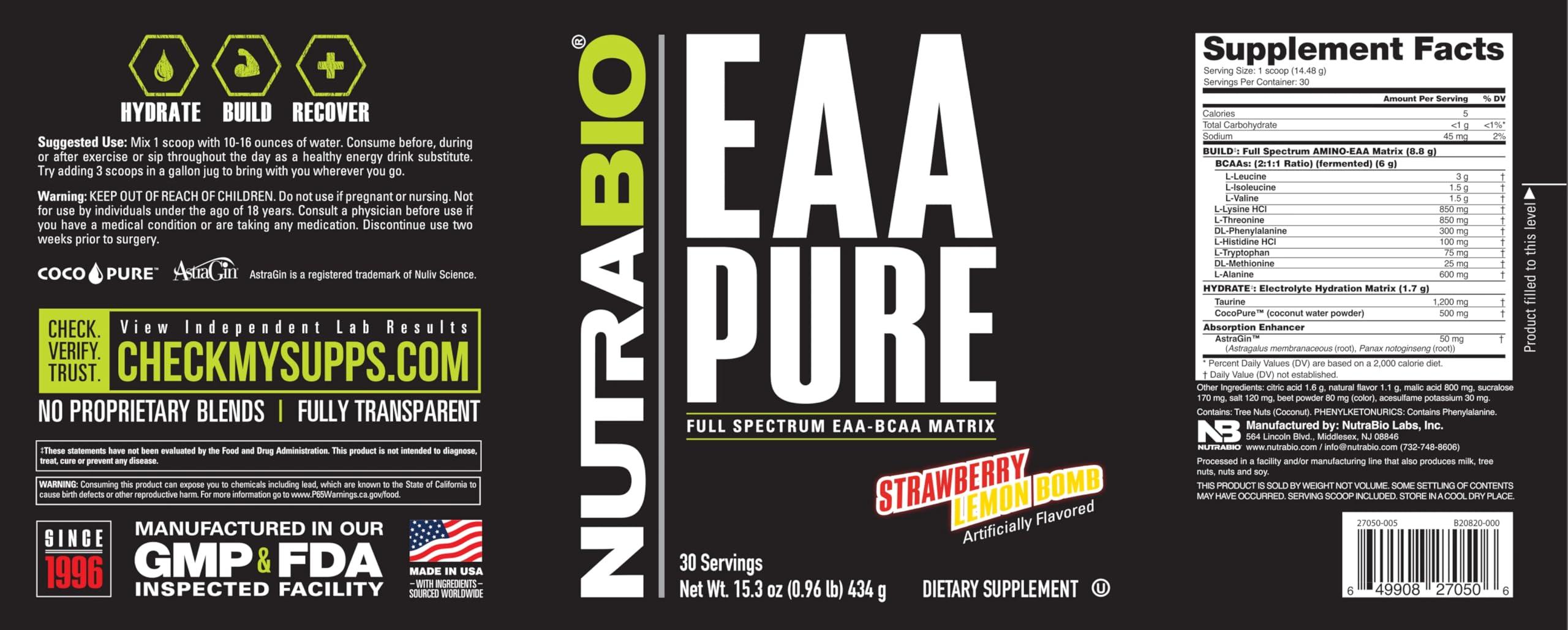 NutraBio NutraBio EAA Pure 9 Amino Acids Muscle Repair and Recovery, 30 Servings, Strawberry Lemon Bomb Pre or Post Workout All Day Recovery