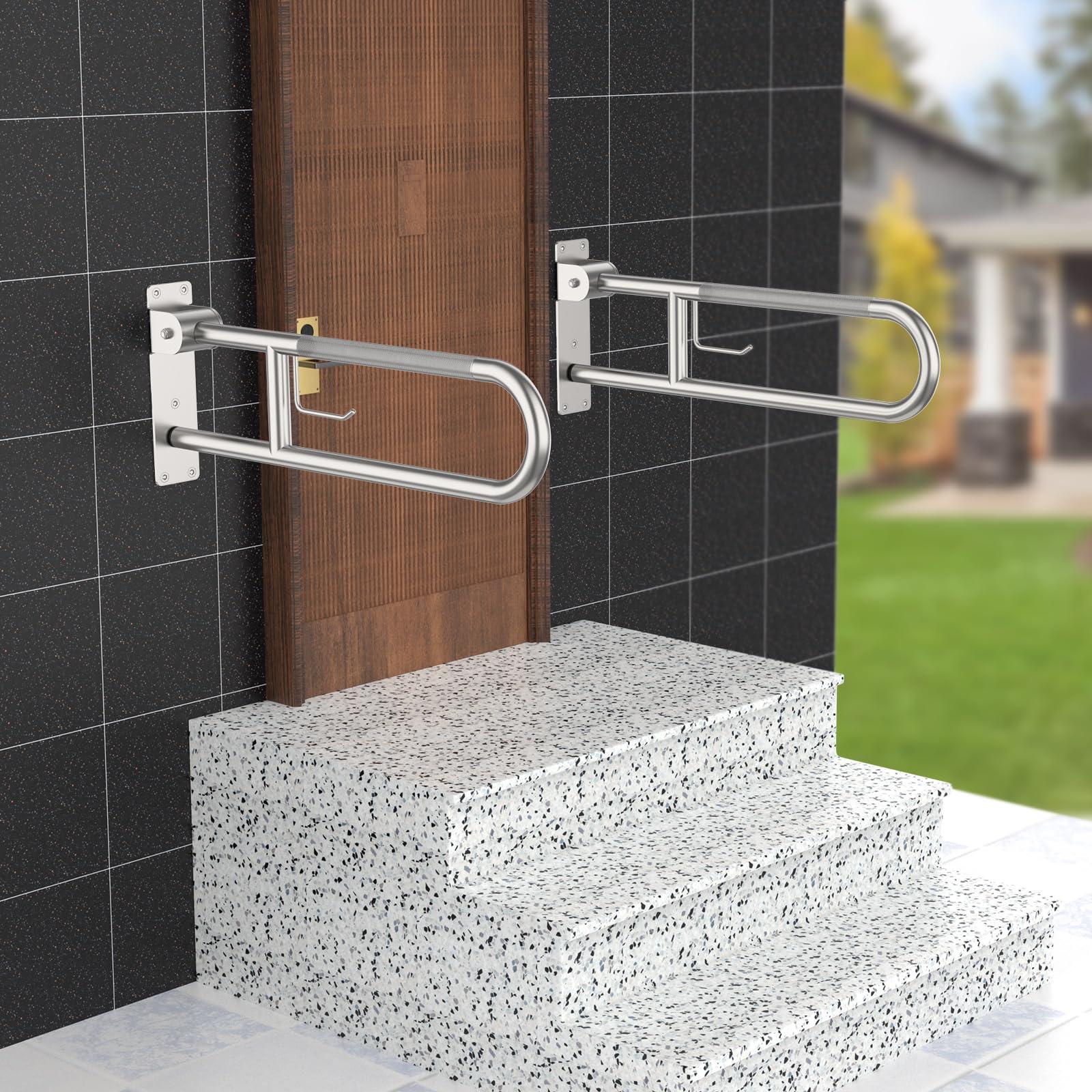 Munzong Toilet Grab Bar 30.3 Inch, Munzong Anti-Slip Handicap Grab Bars with Paper Holder, Flip-Up Bathroom Toilet Safety Rails, Stainless Steel Knurled Support handrails for Seniors Elderly Disabled Pregnant