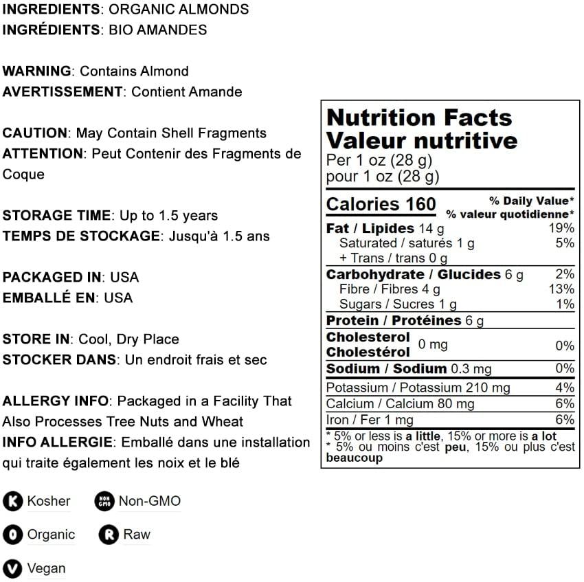 Food to Live Food to Live - Organic Almonds, 8 Ounces Non-GMO, Whole, Raw, No Shell, Unpasteurized, Unsalted, Vegan, Kosher, Bulk. Keto Snack. Good Source of Vitamin E, Protein. Great for Almond Milk, Nut Butter.