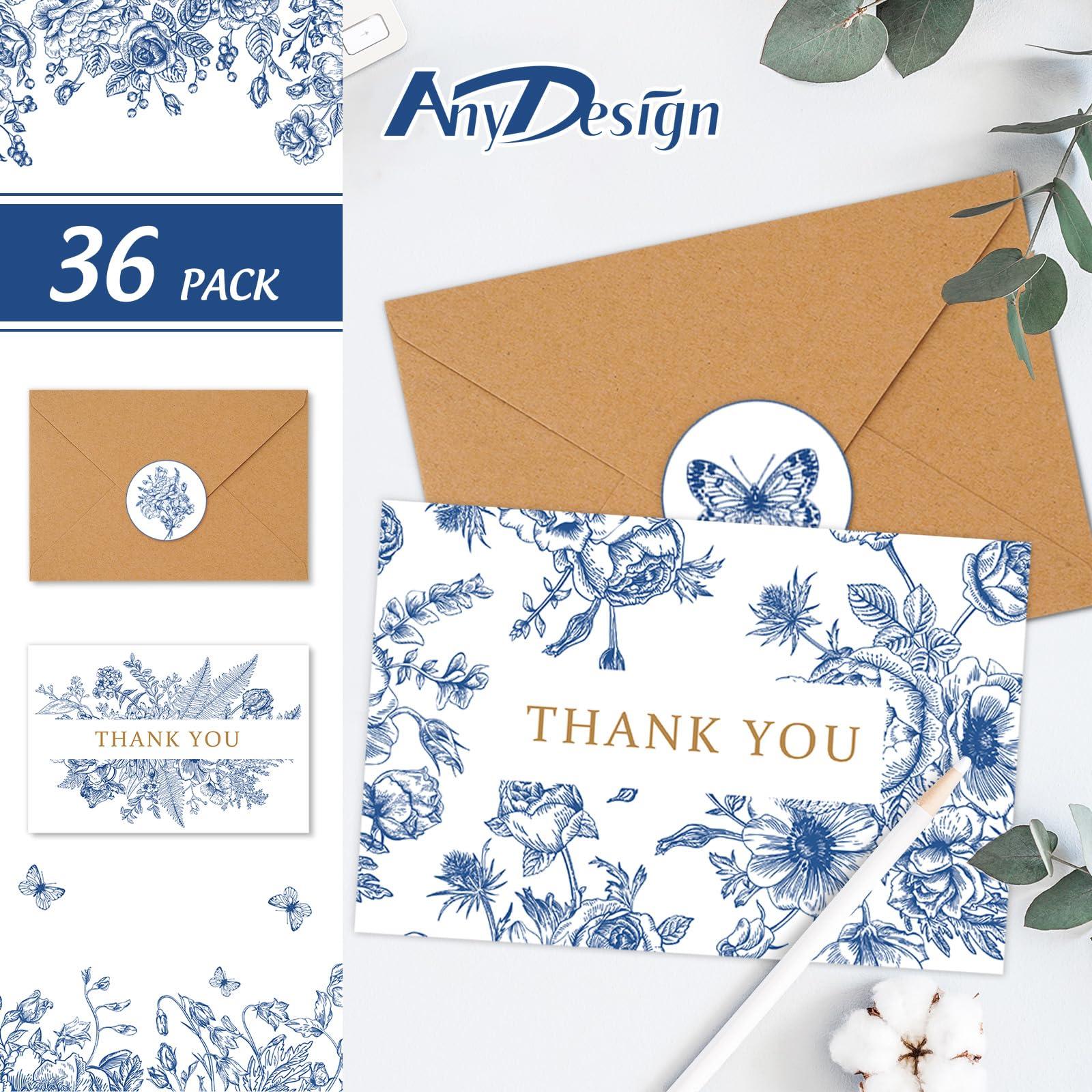 AnyDesign AnyDesign 36 Pack Blue Floral Thank You Cards Blue and White Flower Butterfly Note Cards with Kraft Envelopes Stickers Elegant Greeting Blank Cards for Baby Shower Wedding Birthday, 4 x 6 Inch