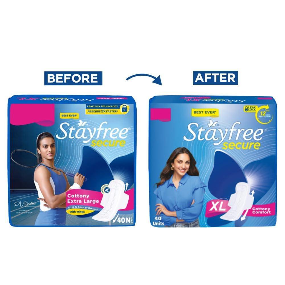 Stayfree Stayfree Secure Extra Large Cottony Soft Cover Sanitary Pads for Women with Wings, 40 Pads