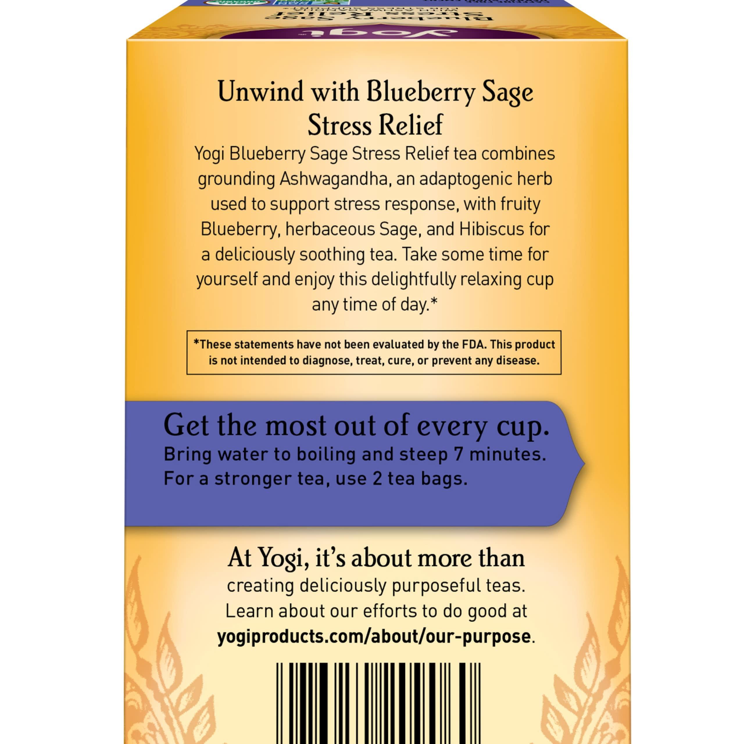 Yogi Yogi Tea Blueberry Sage Stress Relief - 16 Tea Bags per Pack (6 Packs) - Relaxing, Calming Tea to Support Stress Response - Includes Ashwagandha, Blueberry, Sage, Hibiscus & More
