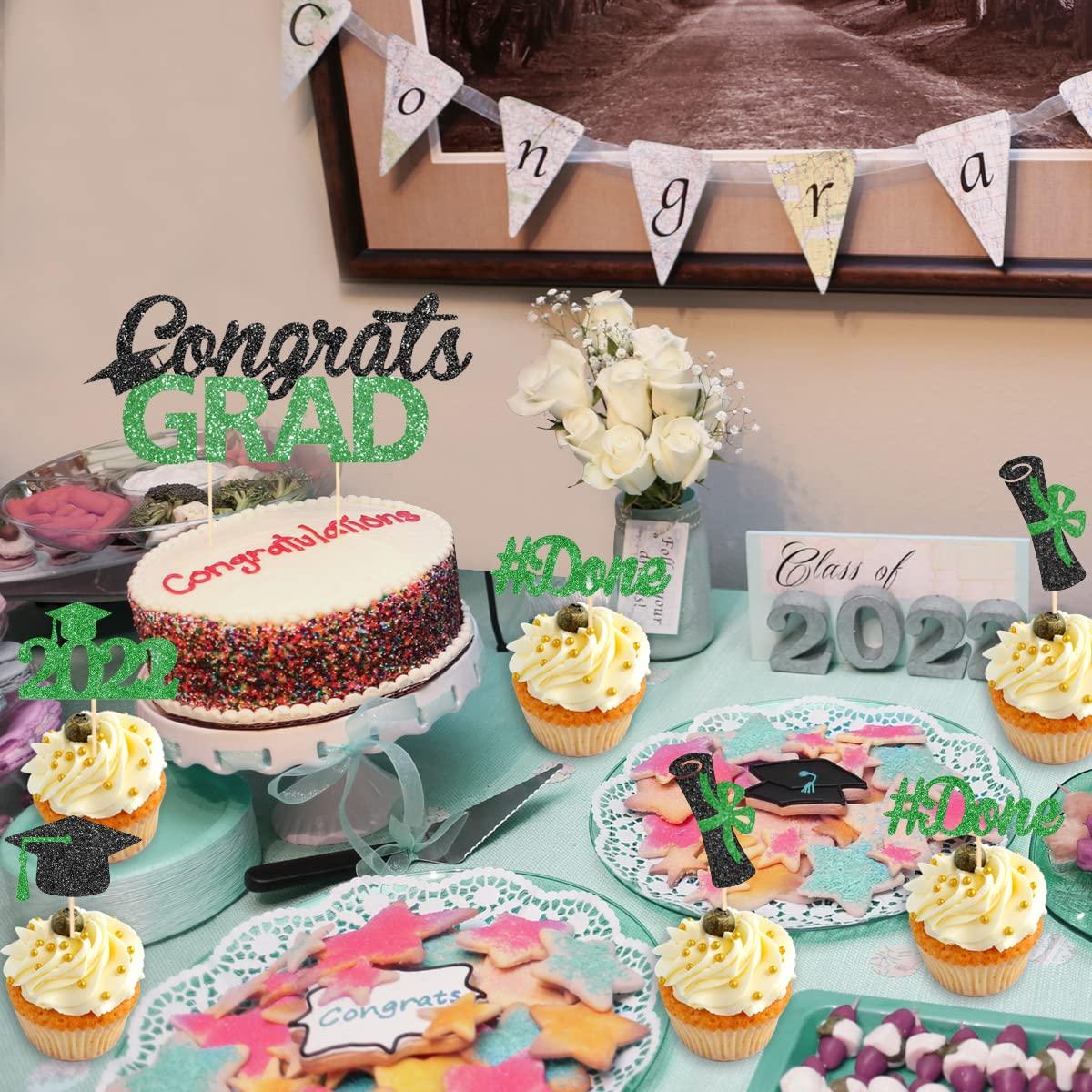 Kreatwow Graduation Cake Decorations 2022 Green Congrats Grad Cupcake Topper Picks for Class of 2022, I do I did Im Done High School College University Graduation Party Supplies 25 Pcs
