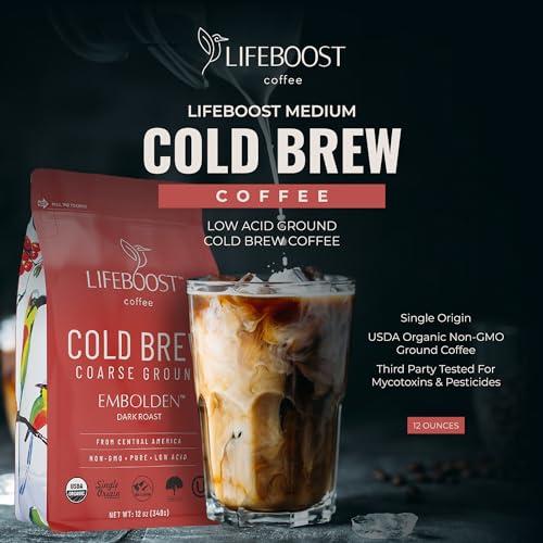 LIFEBOOST Lifeboost Dark Cold Brew Coffee - Low Acid Coarse Ground Coffee for Cold Brew - Single Origin Non-GMO USDA Organic Cold Brew Coffee Grounds - 3rd Party Tested For Mycotoxins & Pesticides - 12 Ounces